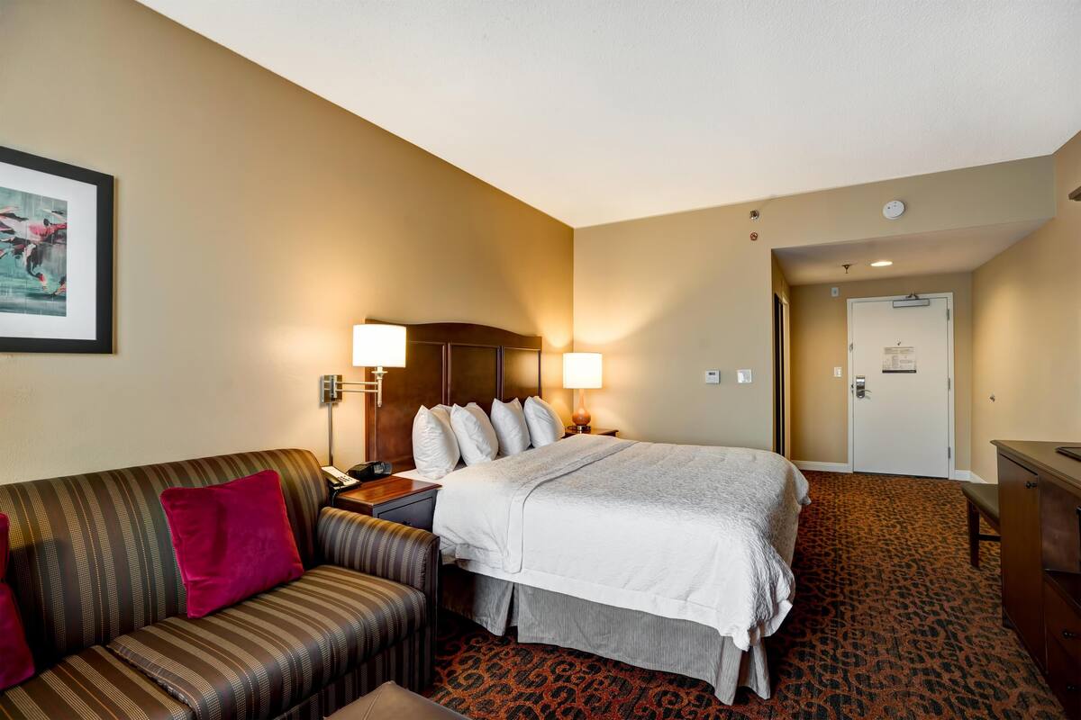 Una habitación de hotel con una cama, un sofá, un escritorio y una puerta.