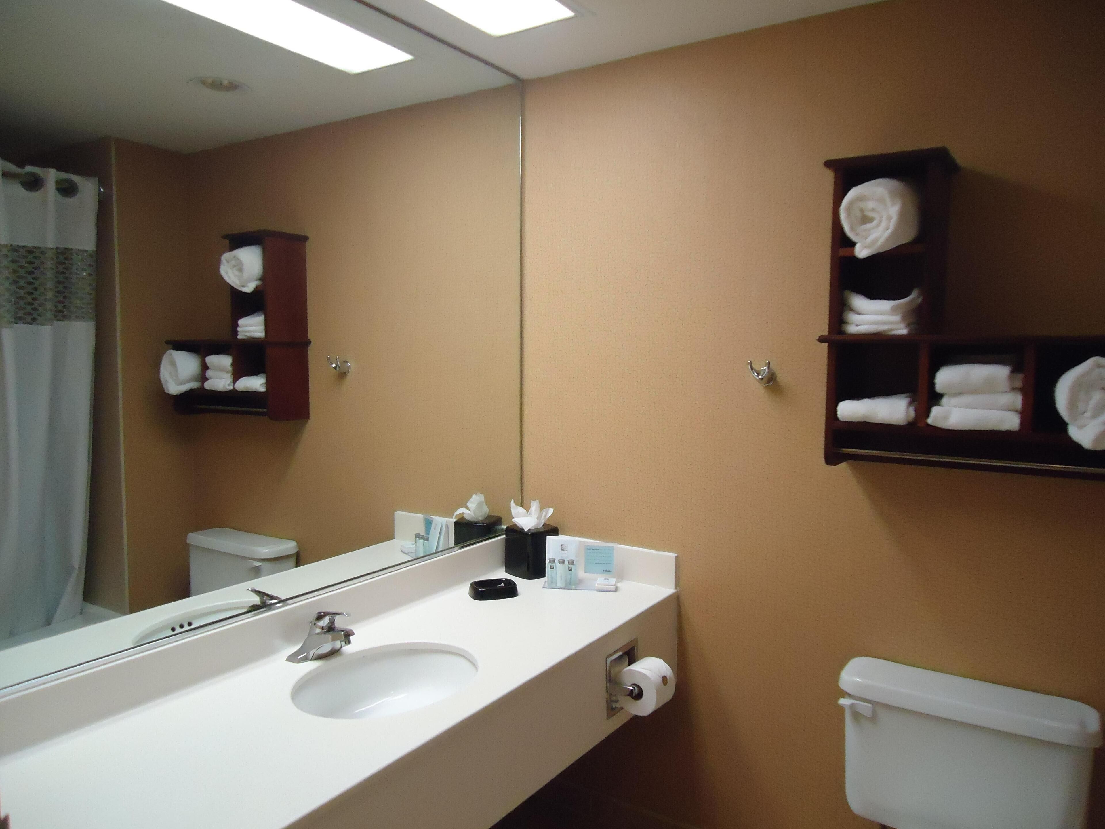 A bathroom with a white sink, a mirror, a toilet, and shelves with towels.