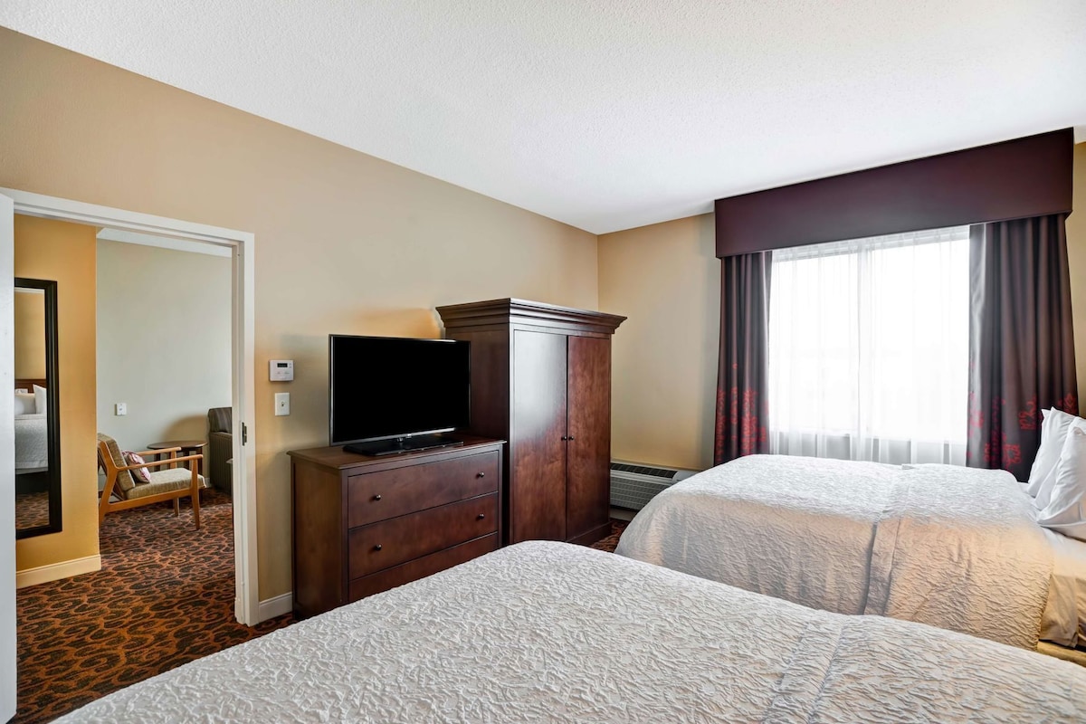 A hotel room with two beds, a television on a dresser, a chair, and a view of the outdoors.