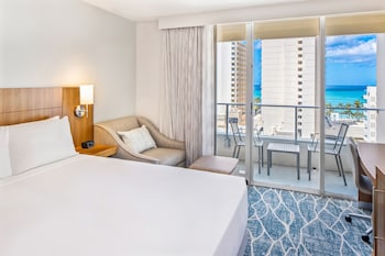 Hotel room view looking out at Hyatt Place Waikiki Beach