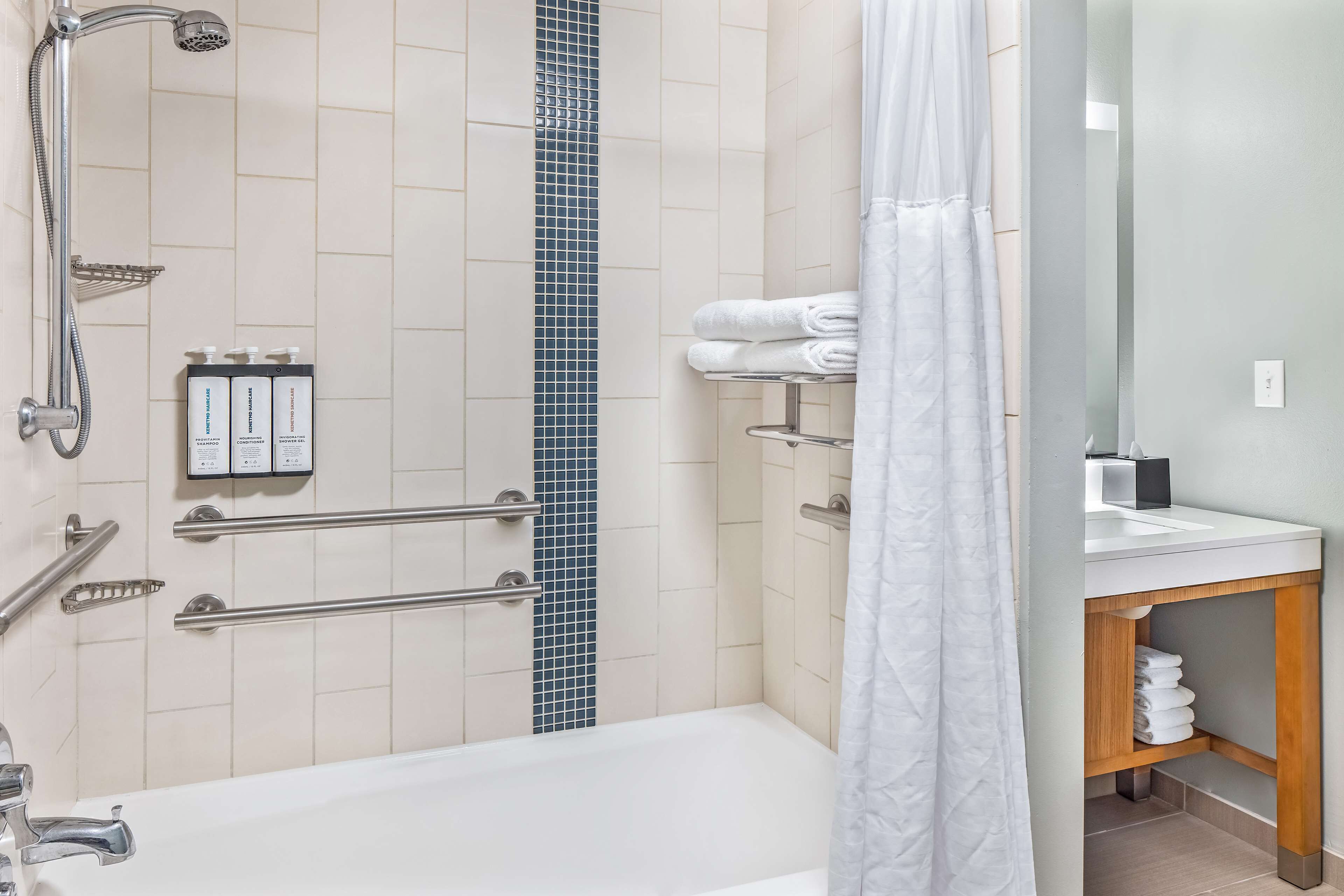 A modern bathroom with a bathtub, a shower with a handheld showerhead, grab bars, a towel rack, and a sink with a mirror.