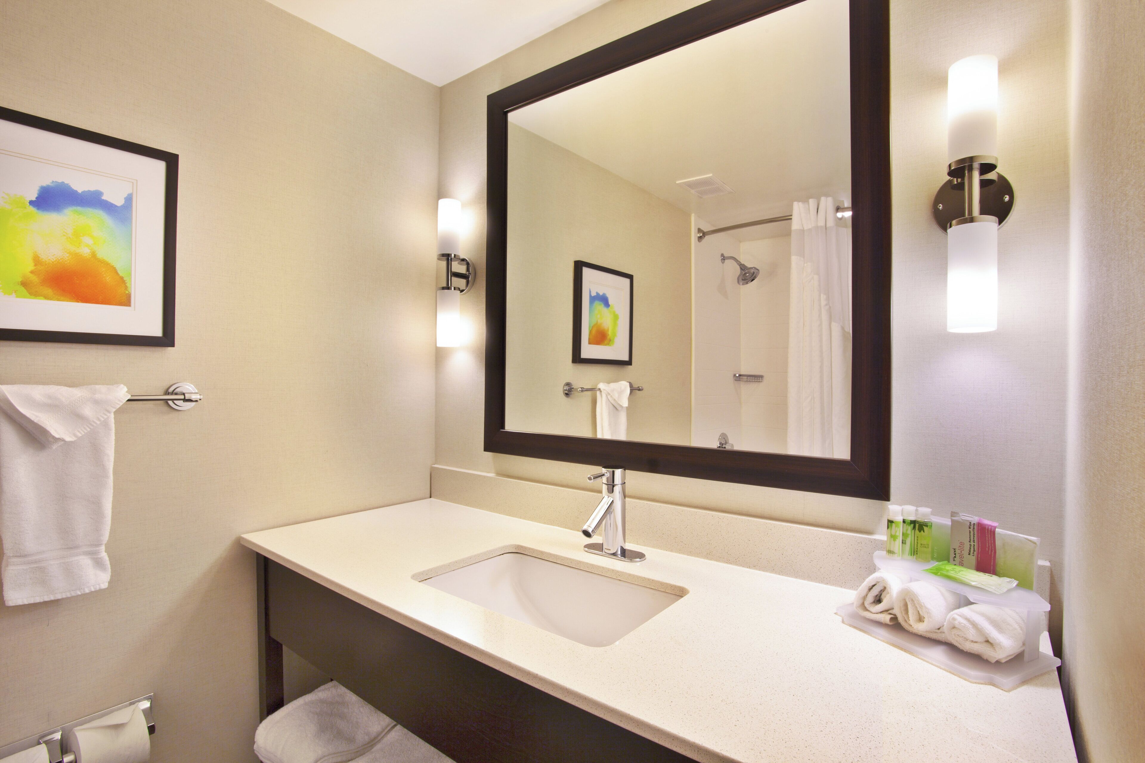 A bathroom with a sink, mirror, towel rack, and a framed picture on the wall.