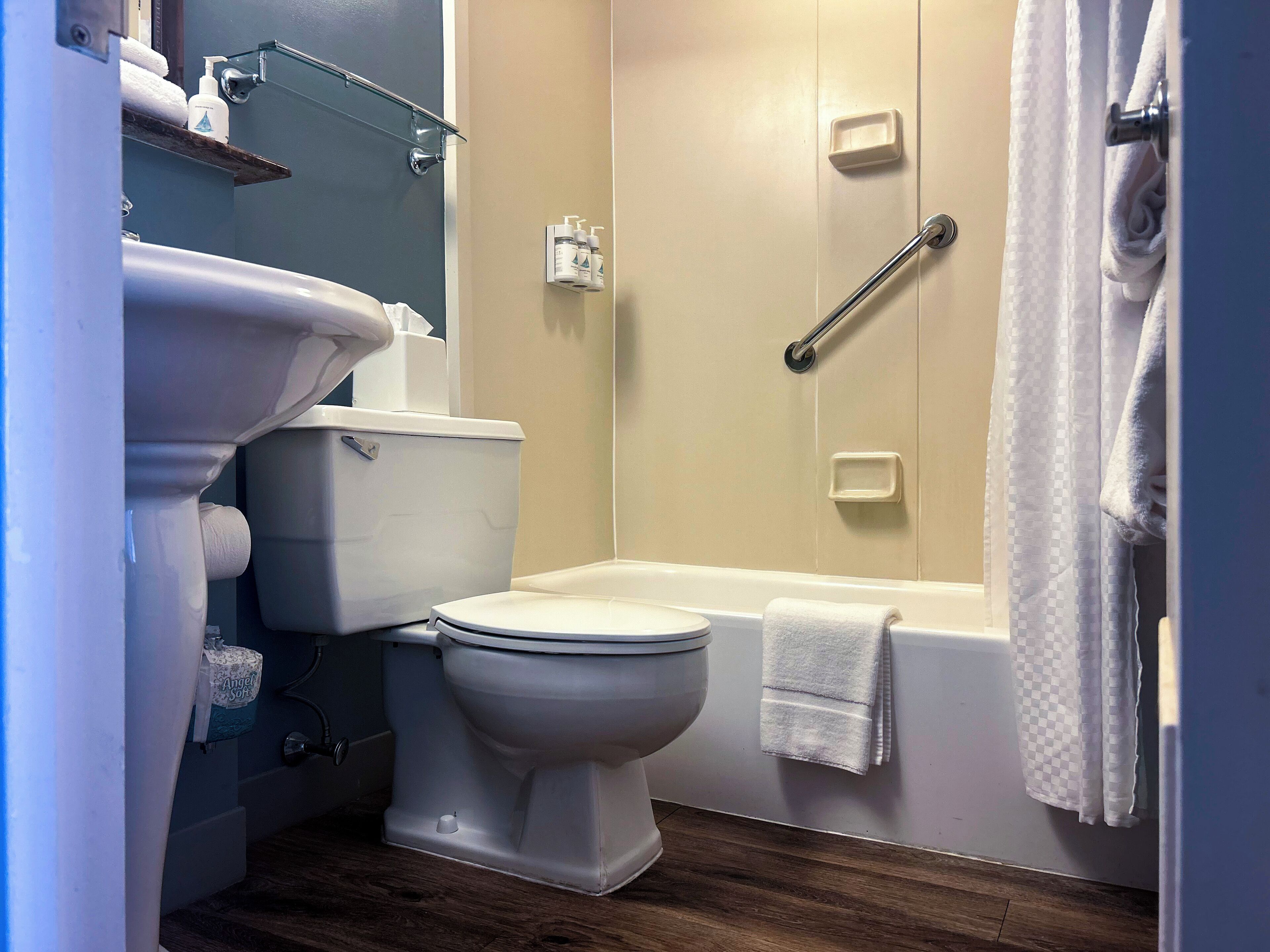 combined shower/bathtub, free toiletries, hair dryer, towels