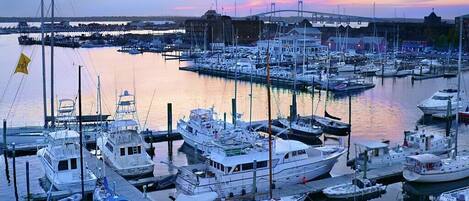 A marina with multiple boats docked at wooden piers.