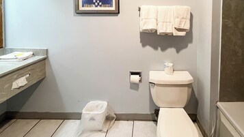 Bañera con ducha, artículos de tocador ecológicos, secador de pelo