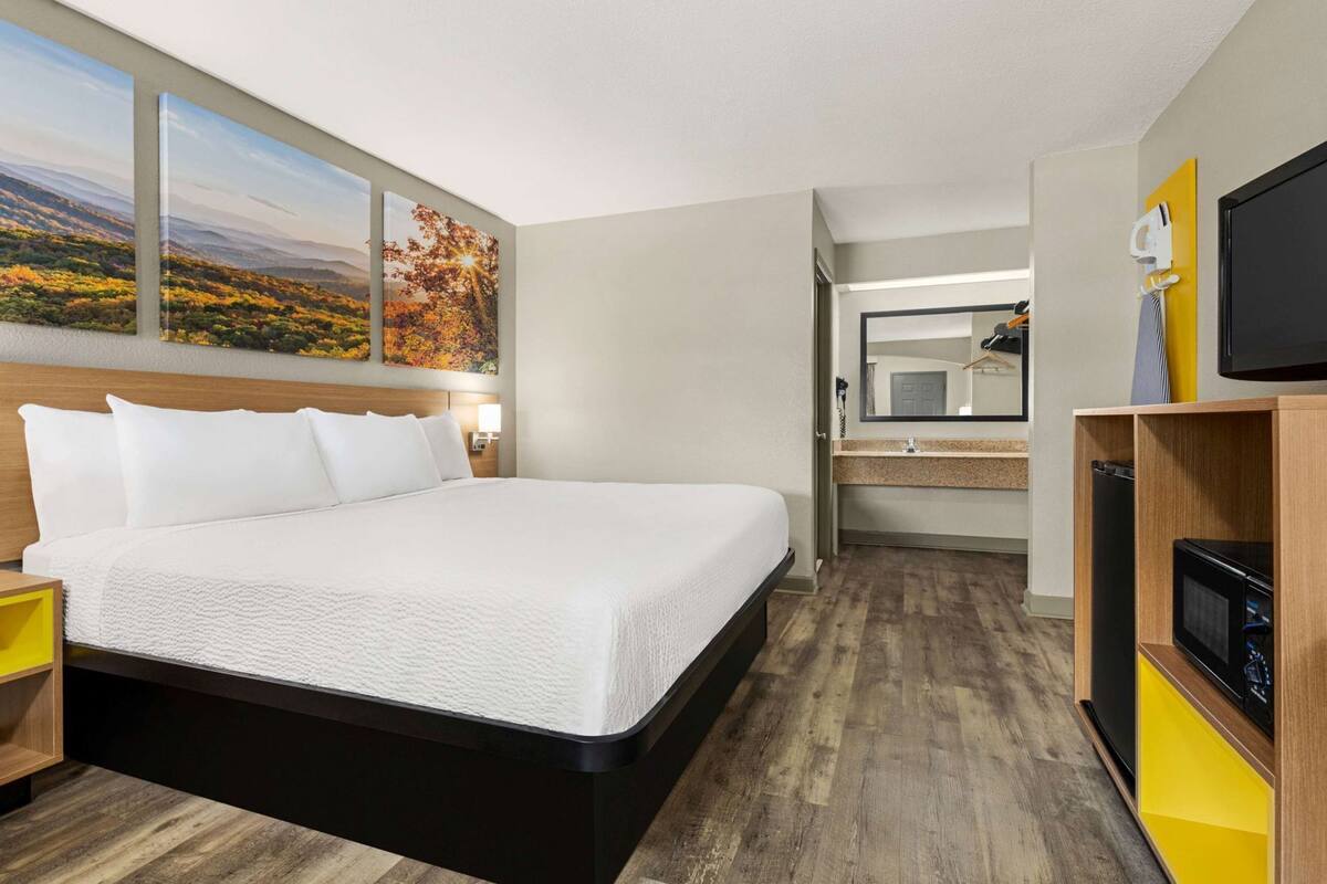 A hotel room with a bed, a desk, a mirror, a television, and artwork on the wall.
