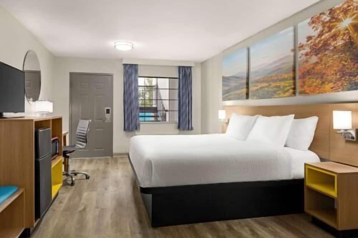 A hotel room with a bed, a desk, a chair, a TV, and a window with curtains.