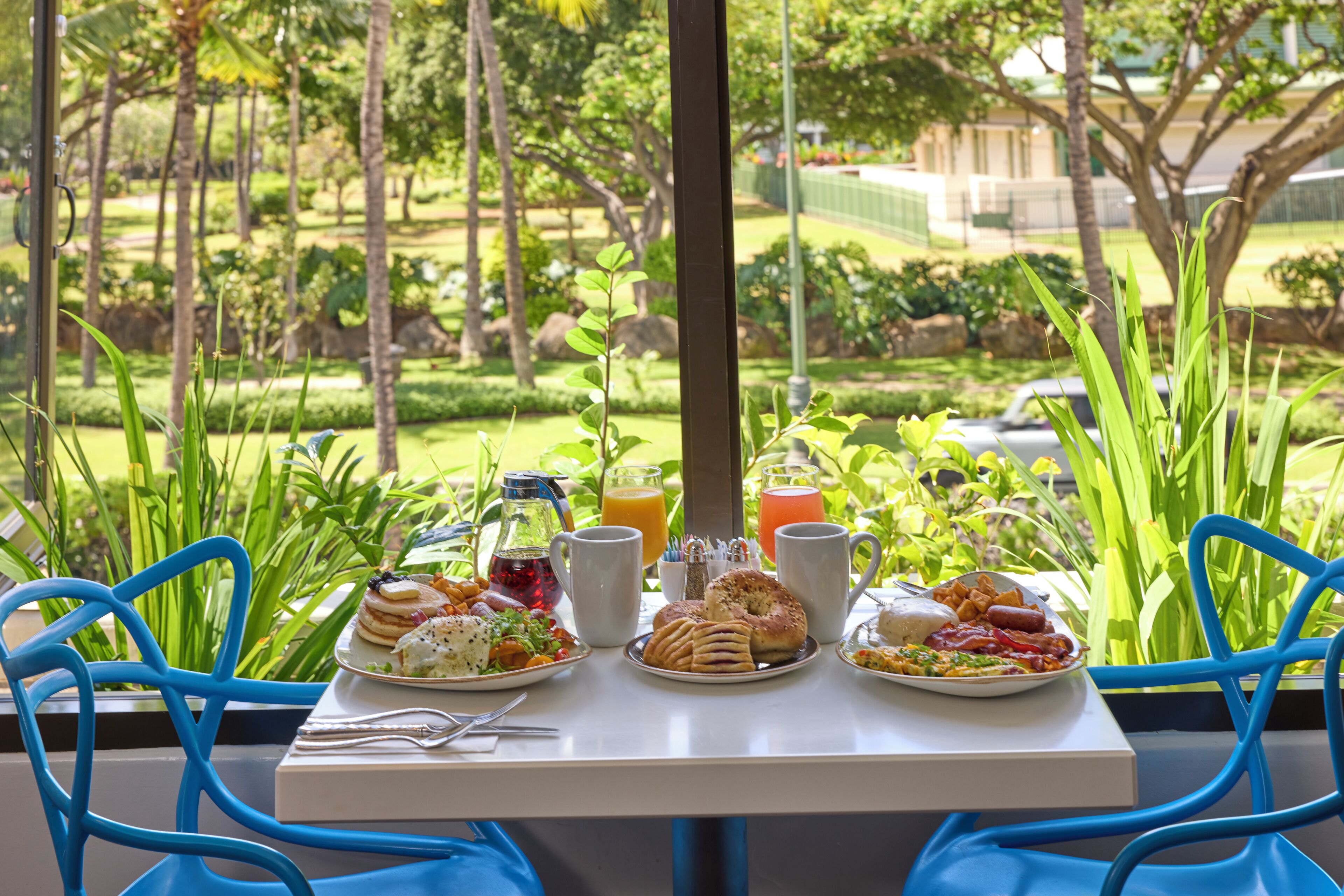 A table set with breakfast items and drinks, overlooking a well-maintained garden with trees and a fence.