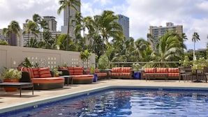 A rooftop pool area with lounge seating and palm trees.