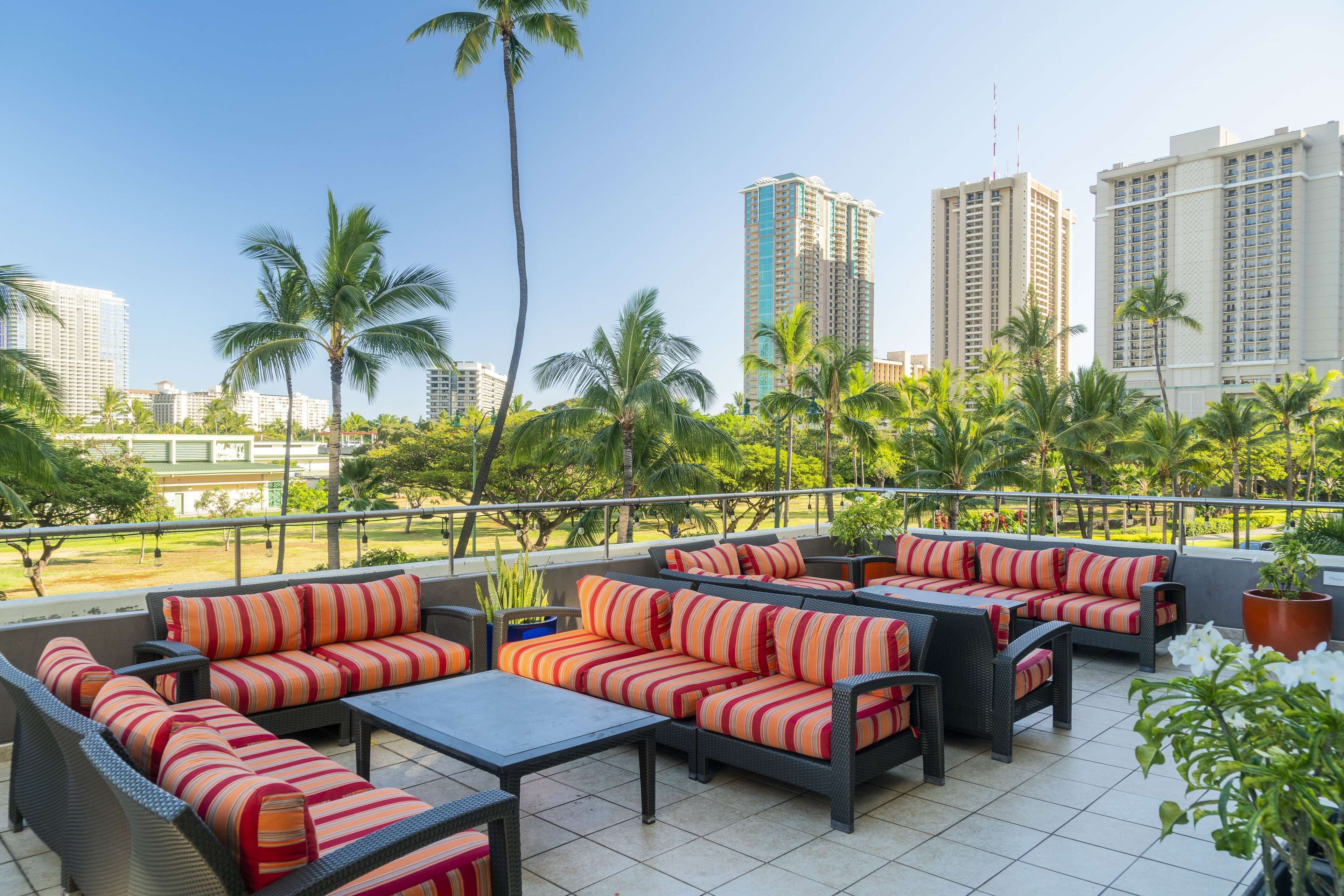 Una terraza en la azotea con mobiliario exterior, palmeras y el horizonte de la ciudad al fondo.
