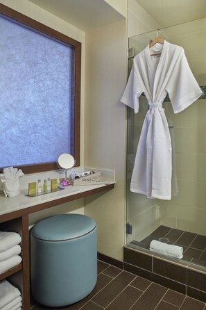 Designer toiletries, hair dryer, towels, soap
