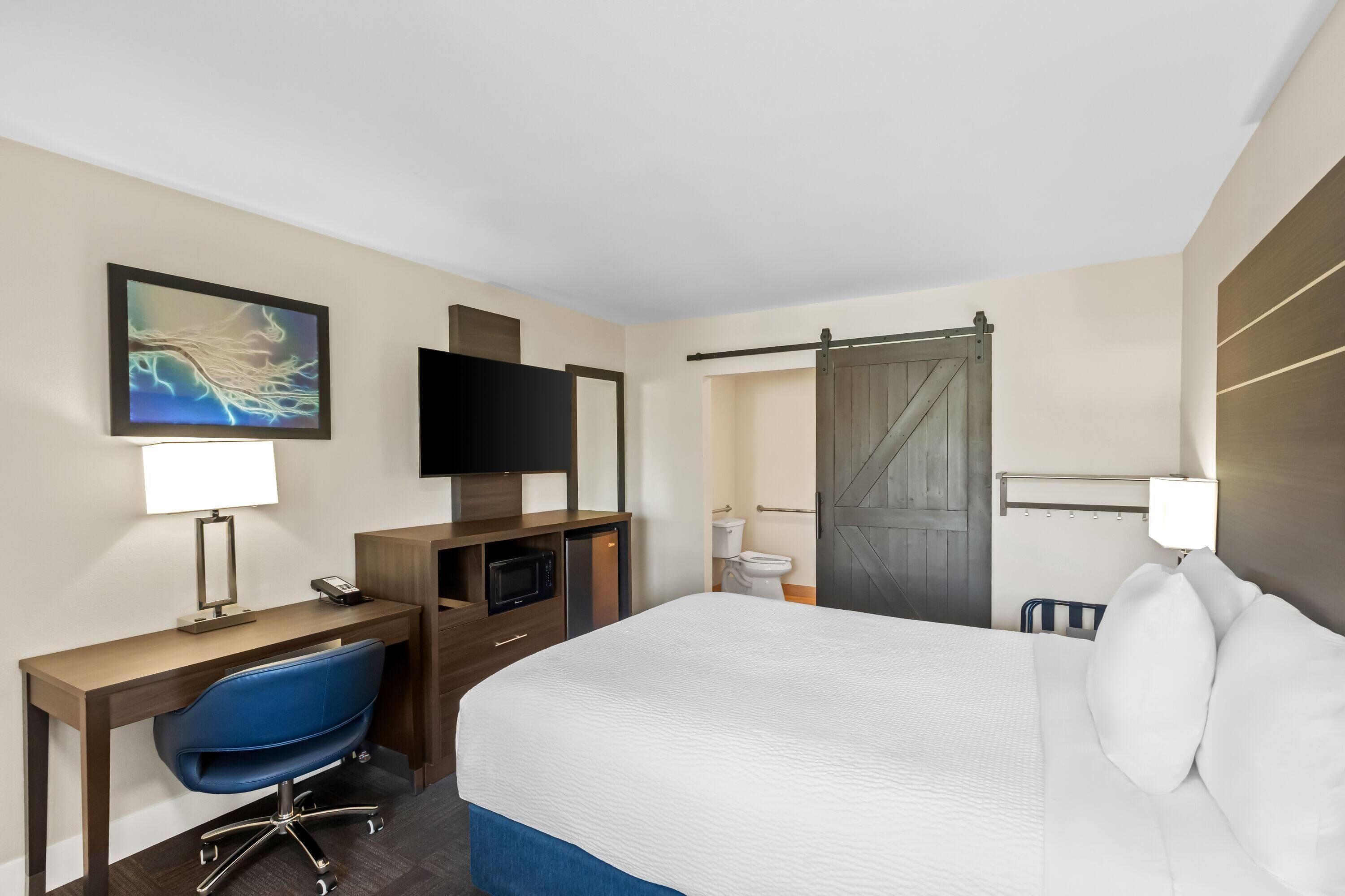 A hotel room with a bed, desk, chair, TV, and a sliding door.