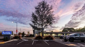 Un hotel Travelodge con un estacionamiento, un árbol grande y un edificio con un cartel.