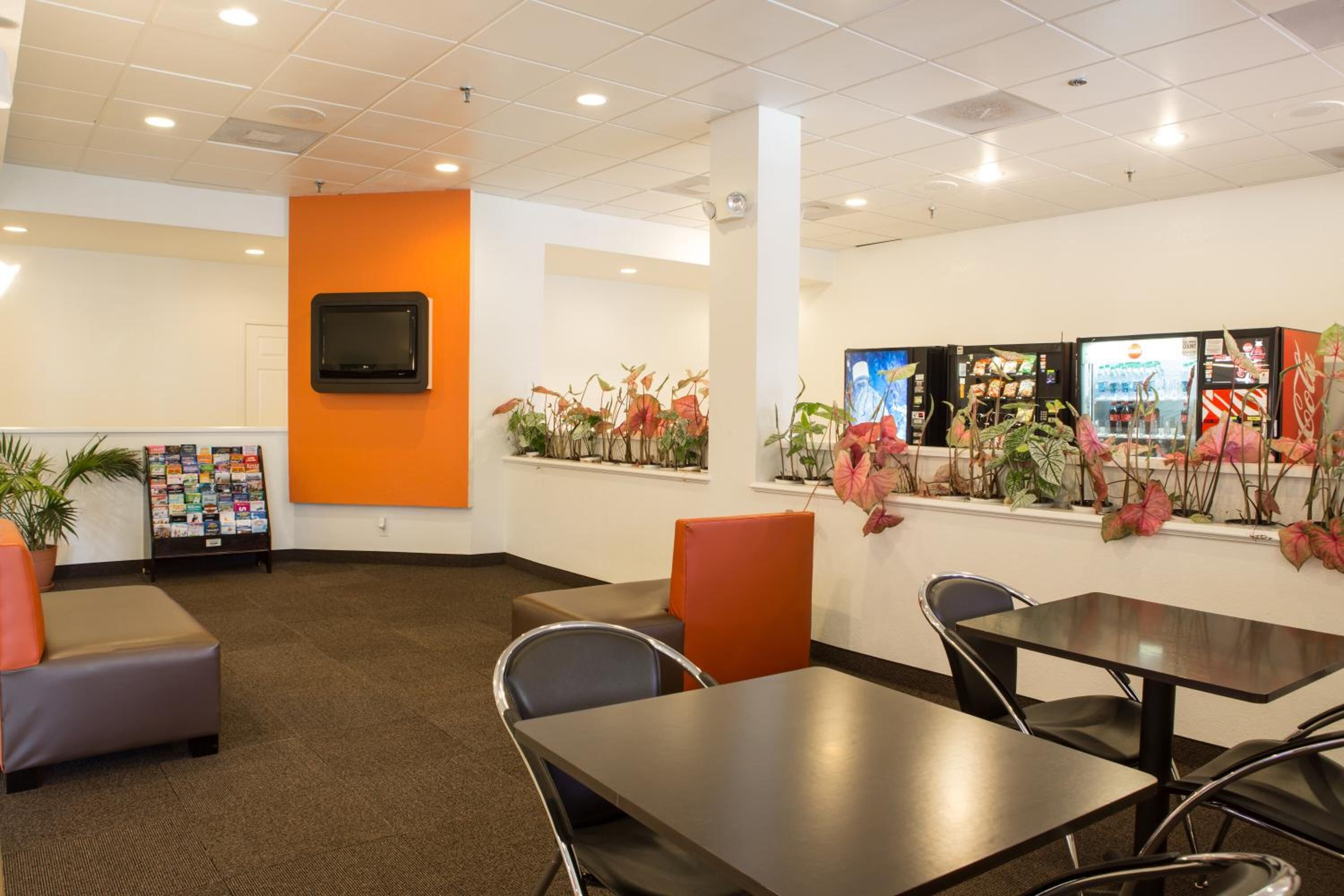 A modern indoor space with a seating area, a television mounted on the wall, and a display of magazines.