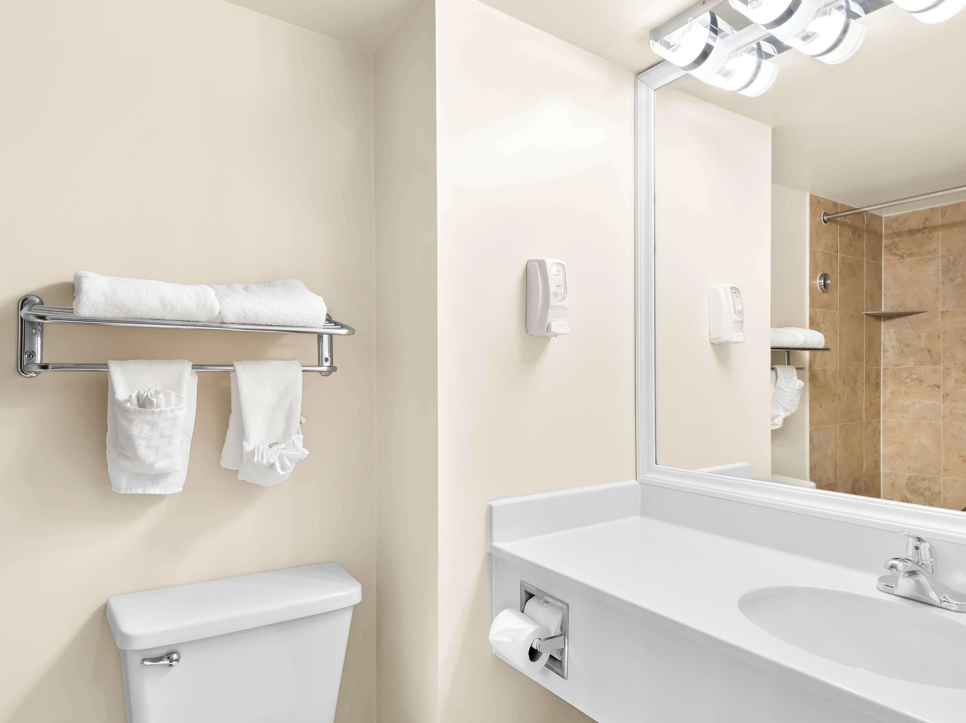 Een badkamer met toilet, wastafel, handdoekrek met handdoeken, spiegel en douche.