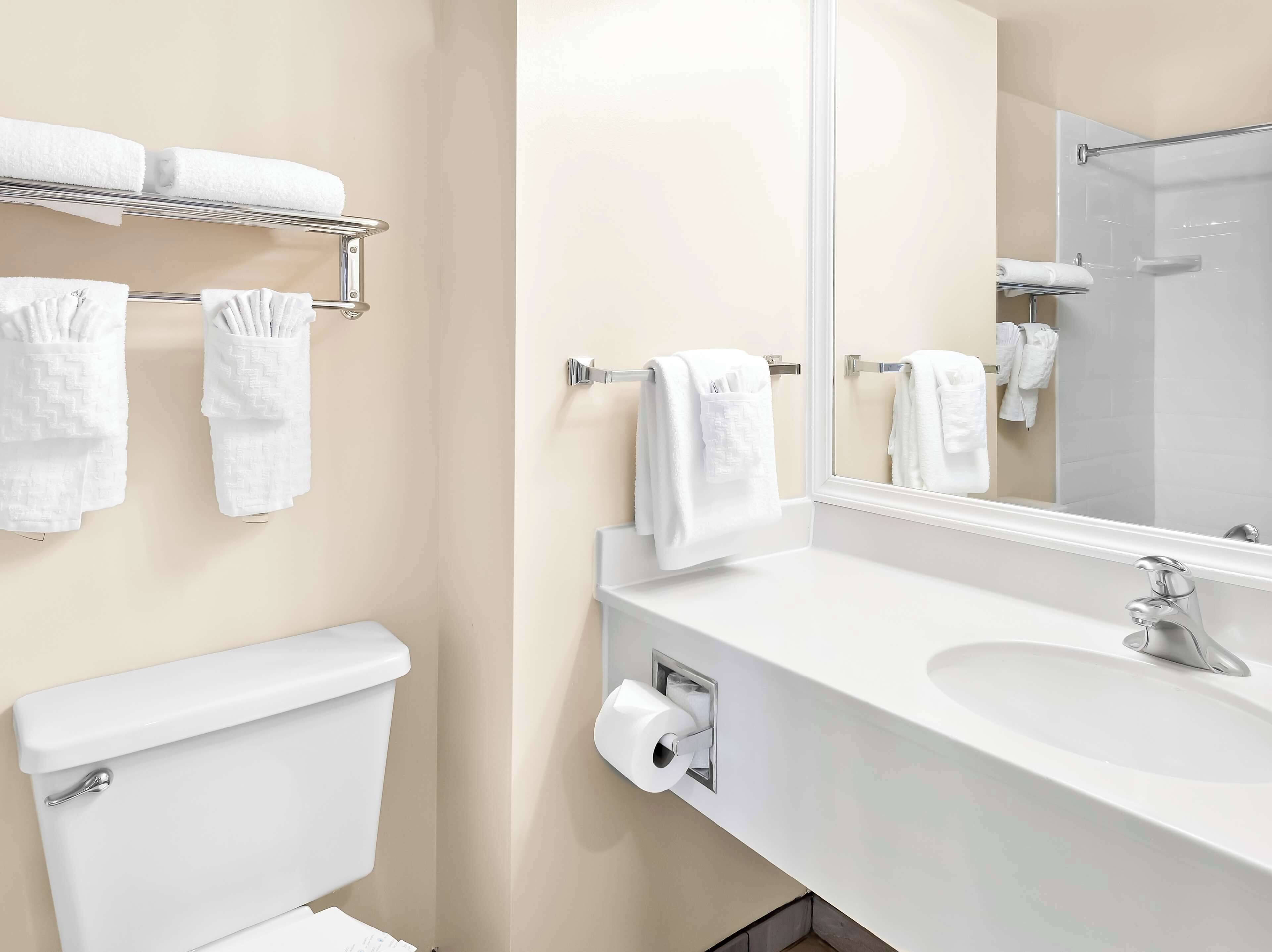 Combined shower/tub, free toiletries, hair dryer, towels