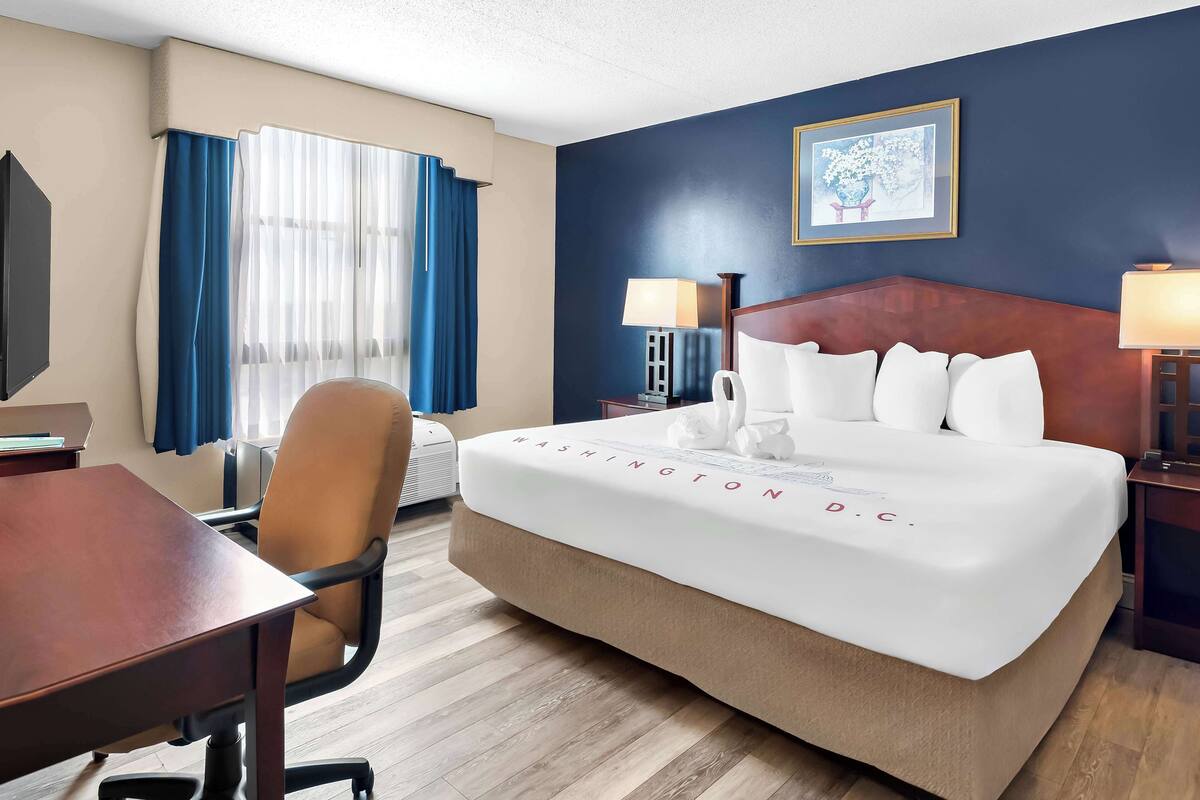 A hotel room with a bed, a desk, a chair, a TV, and a window with curtains.