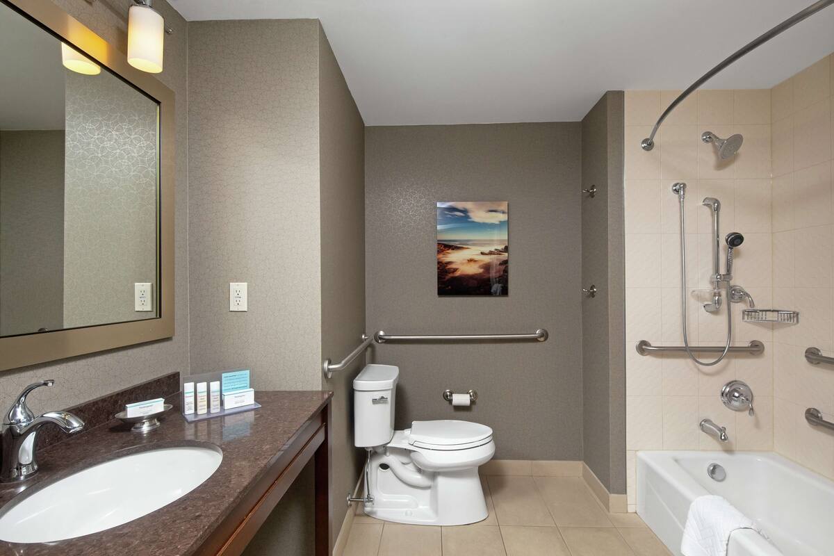 A modern bathroom with a sink, toilet, and bathtub, equipped with grab bars and a shower system.