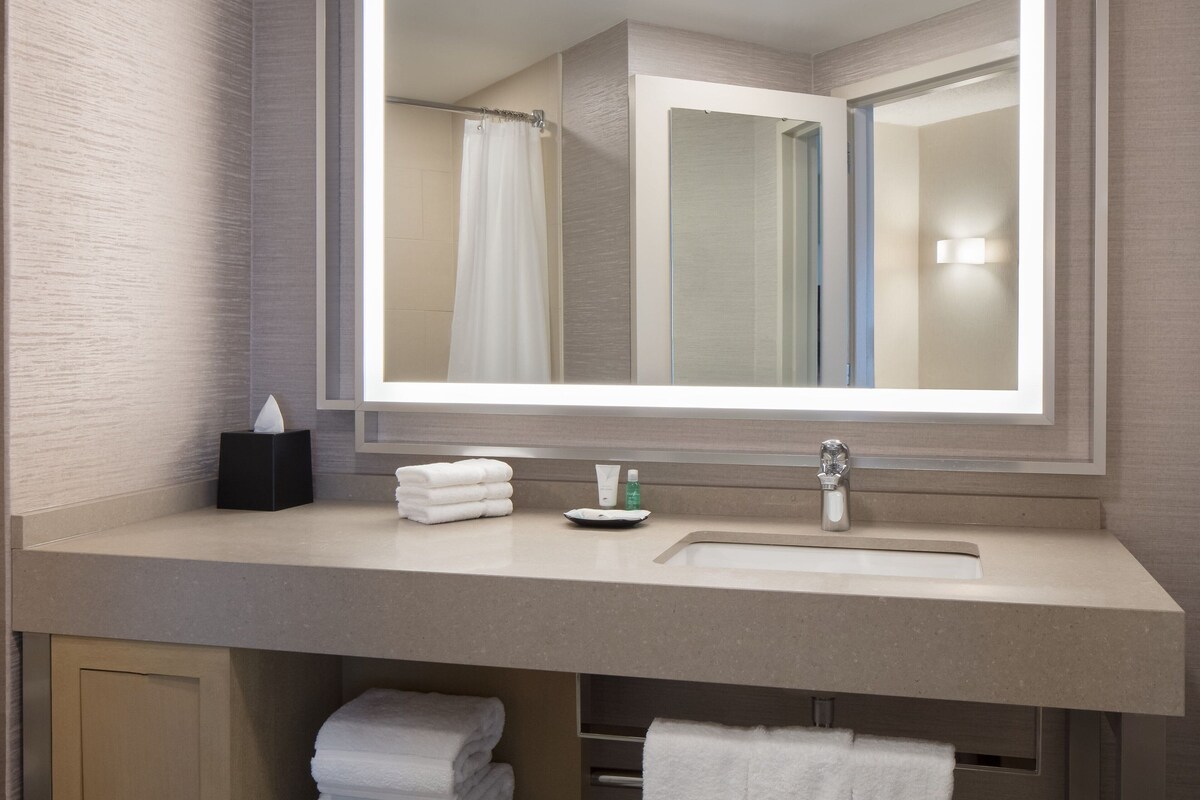 A bathroom with a large mirror, a sink, and a towel rack.