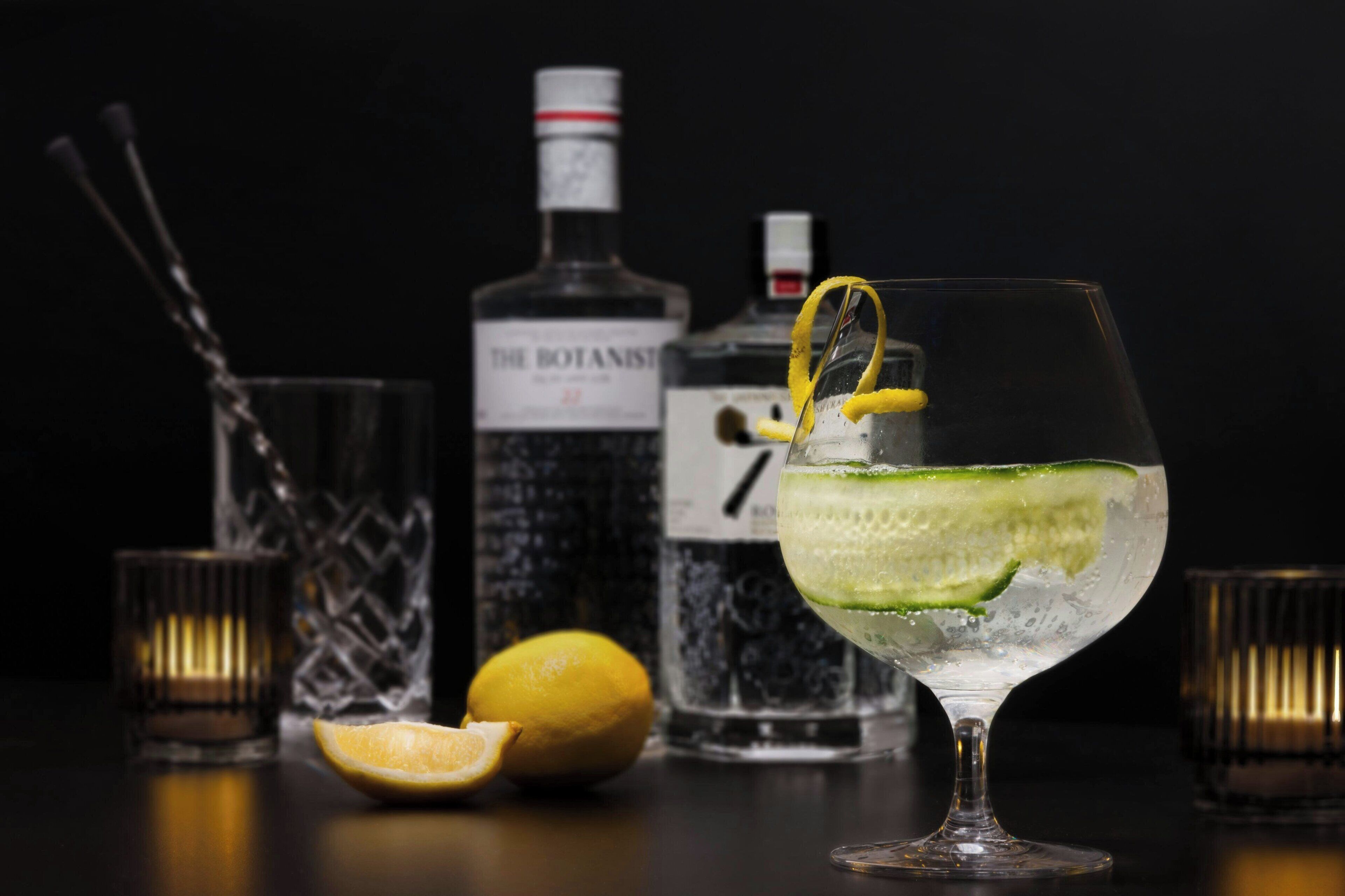 Un verre à cocktail orné d’une tranche de concombre et d’une rondelle de citron, une bouteille de spiritueux, un verre et une moitié de citron, le tout posé sur une surface sombre.