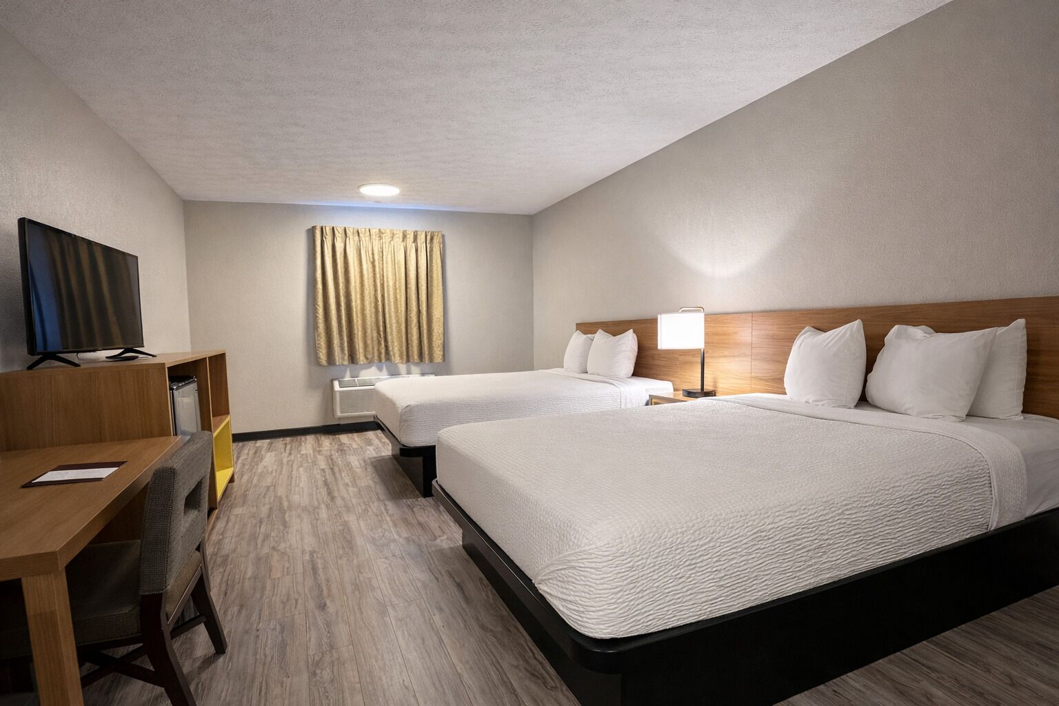 Double Room, 2 Double Beds | Desk, laptop workspace, blackout drapes, iron/ironing board