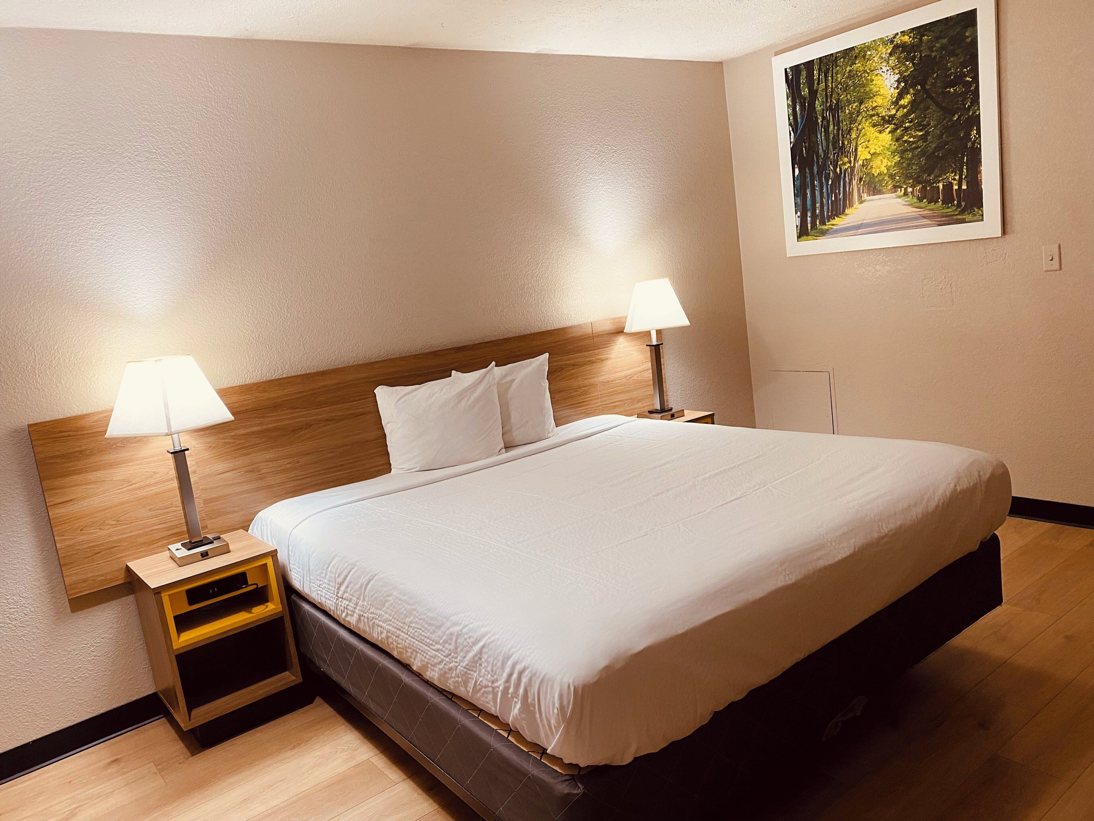 A hotel room with a large bed, two bedside lamps, a wooden headboard, a nightstand, and a painting on the wall.