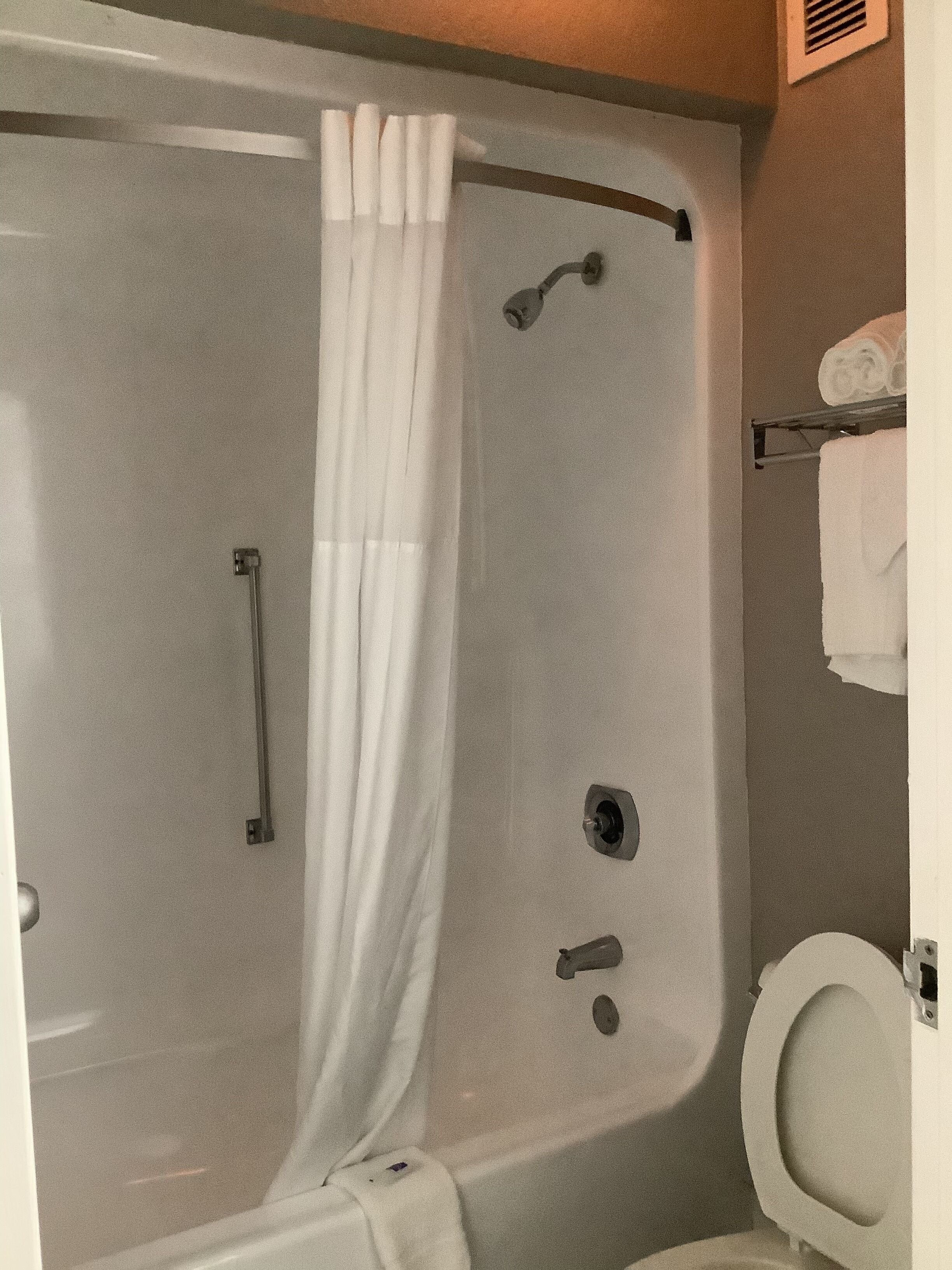 A bathroom with a bathtub, shower, toilet, and a towel rack.