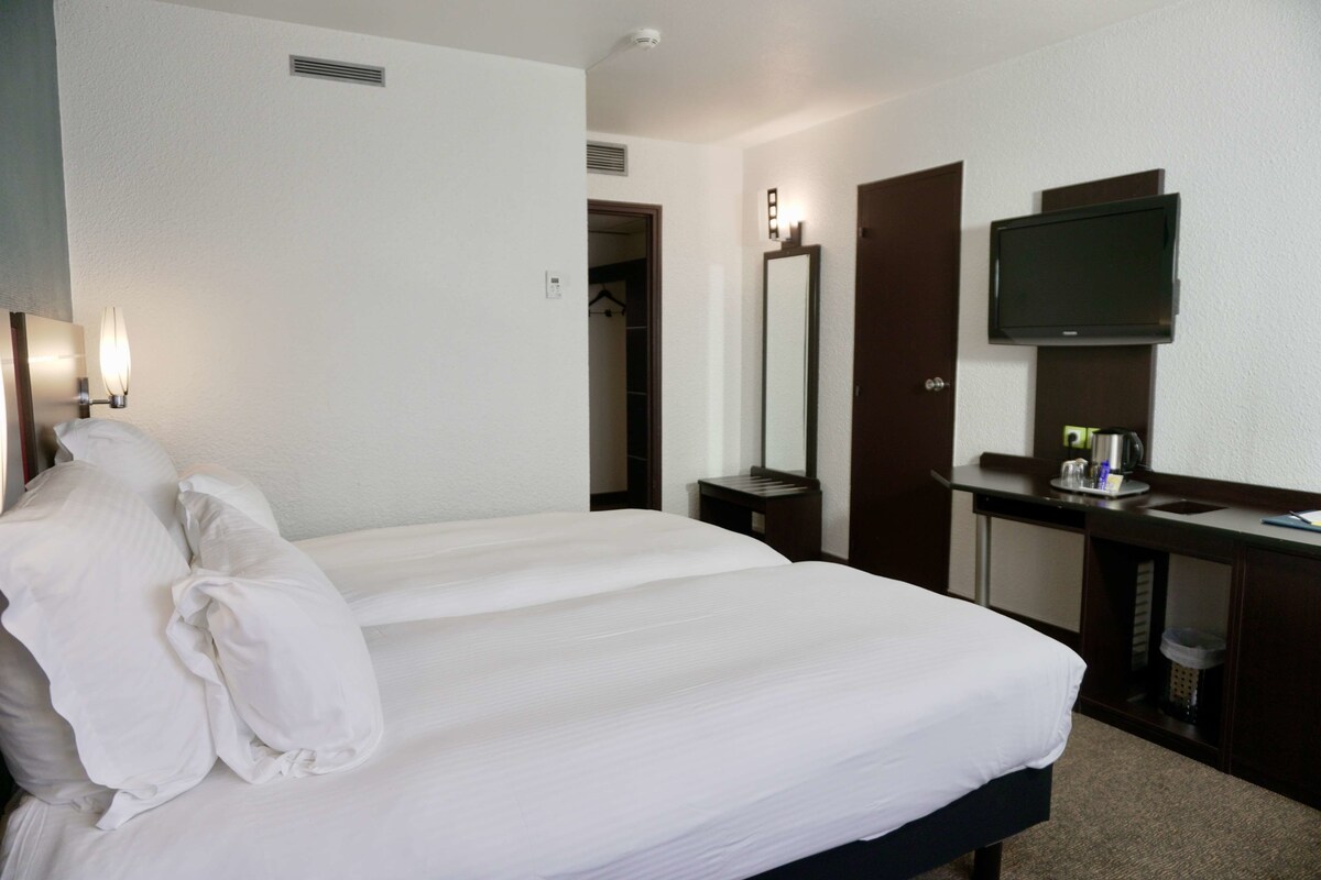A hotel room with a large bed, a desk with a flat-screen TV, a mirror, and a wardrobe.