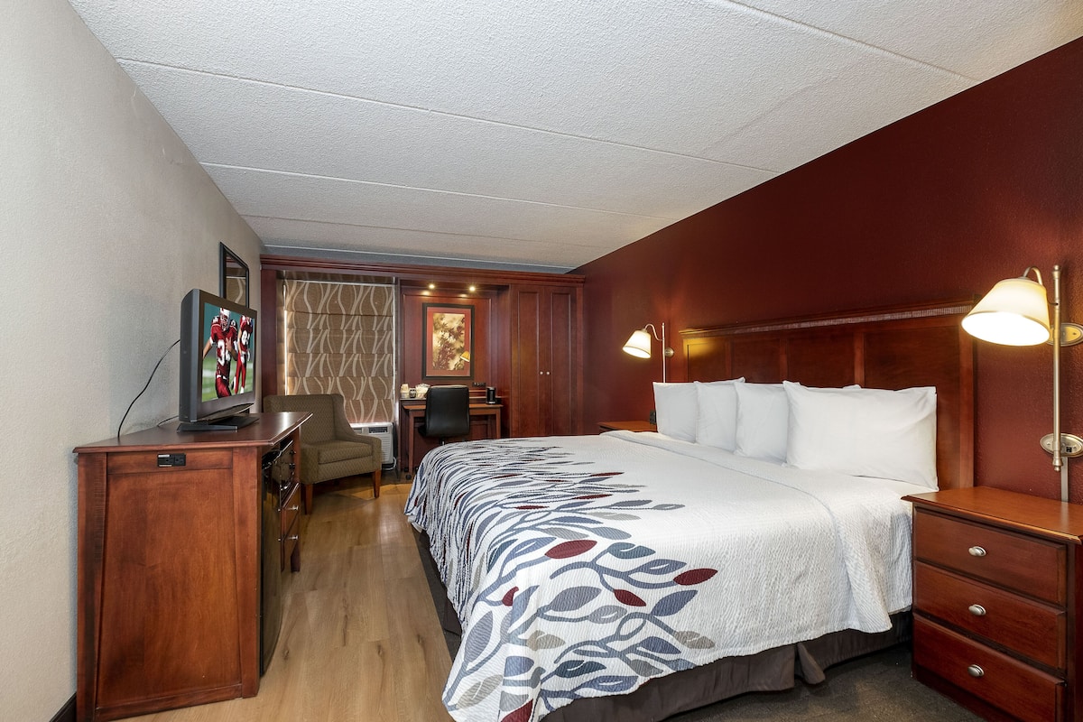 A hotel room with a large bed, a desk, a chair, and a television.