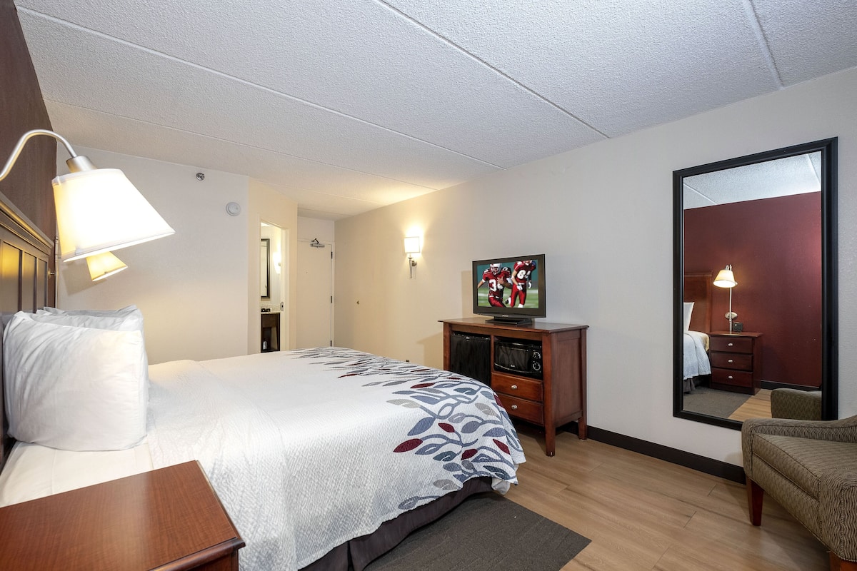 A hotel room with a large bed, a TV, a dresser, and a mirror.