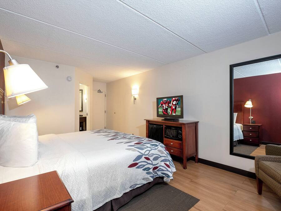 A hotel room with a bed, a television, a desk, and a mirror.