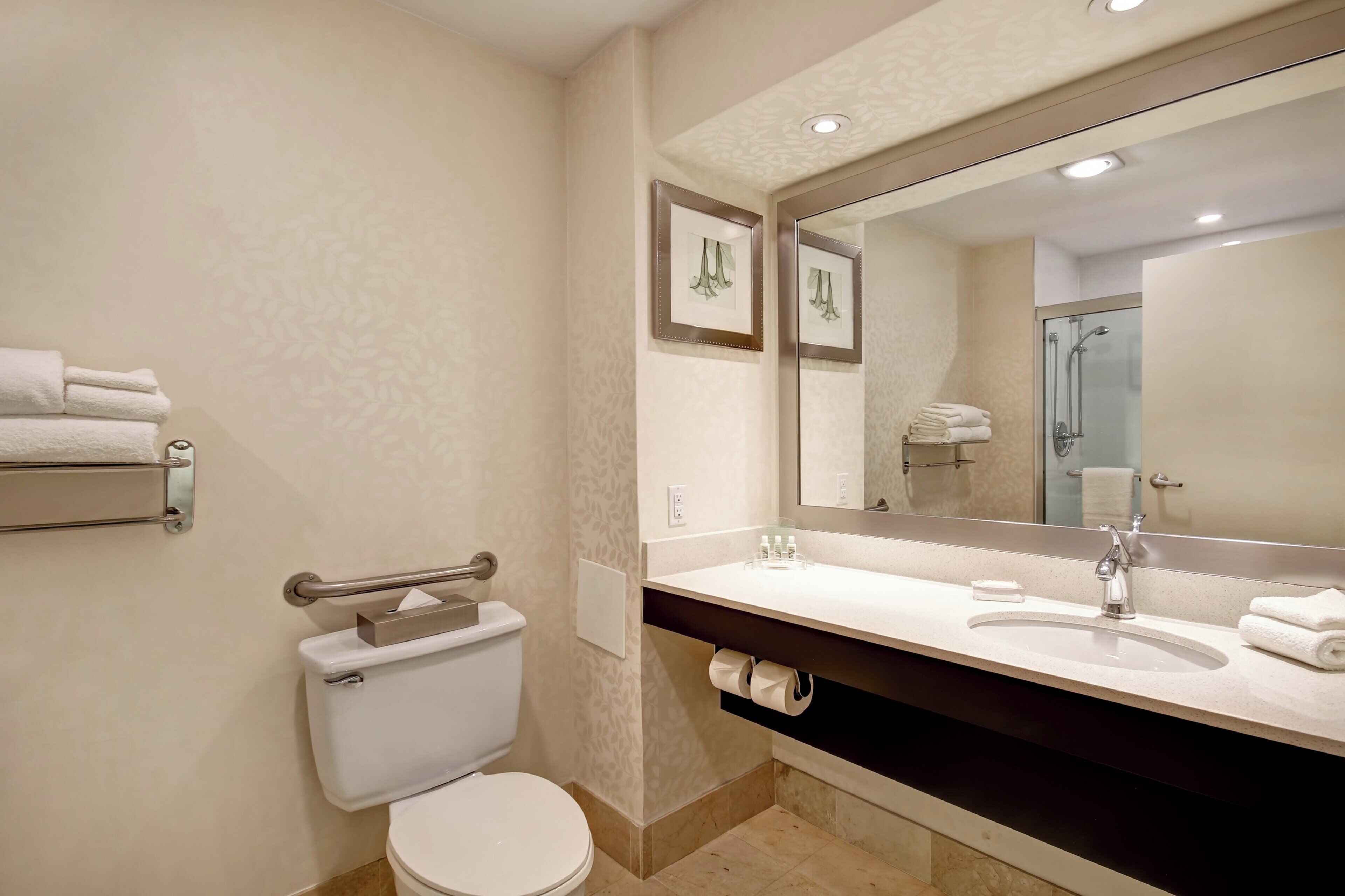 Une salle de bain avec des toilettes, un lavabo et une douche. Des serviettes sont posées sur un porte-serviettes et un miroir se trouve au-dessus du lavabo.