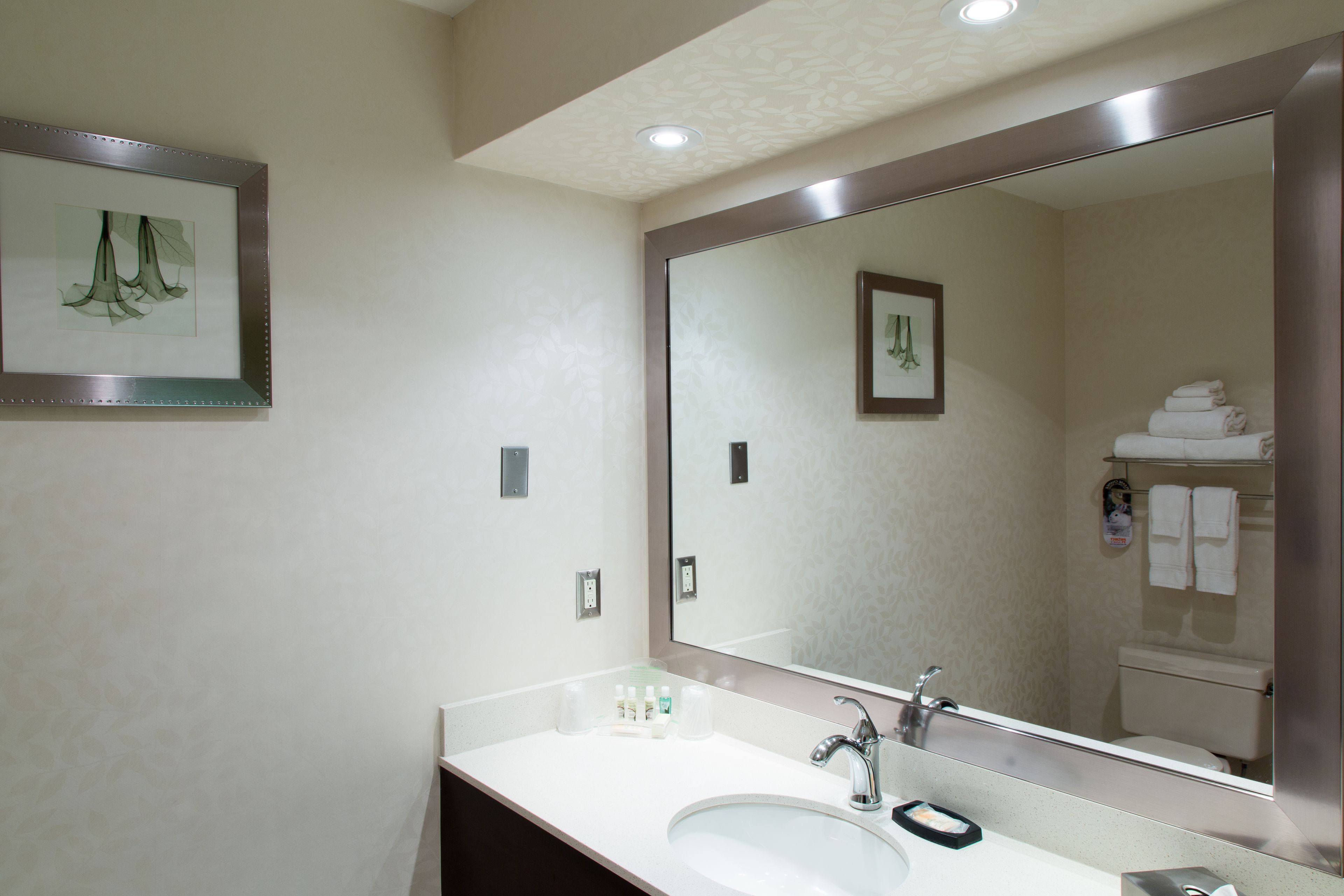 A bathroom with a large mirror, a sink, and a toilet.