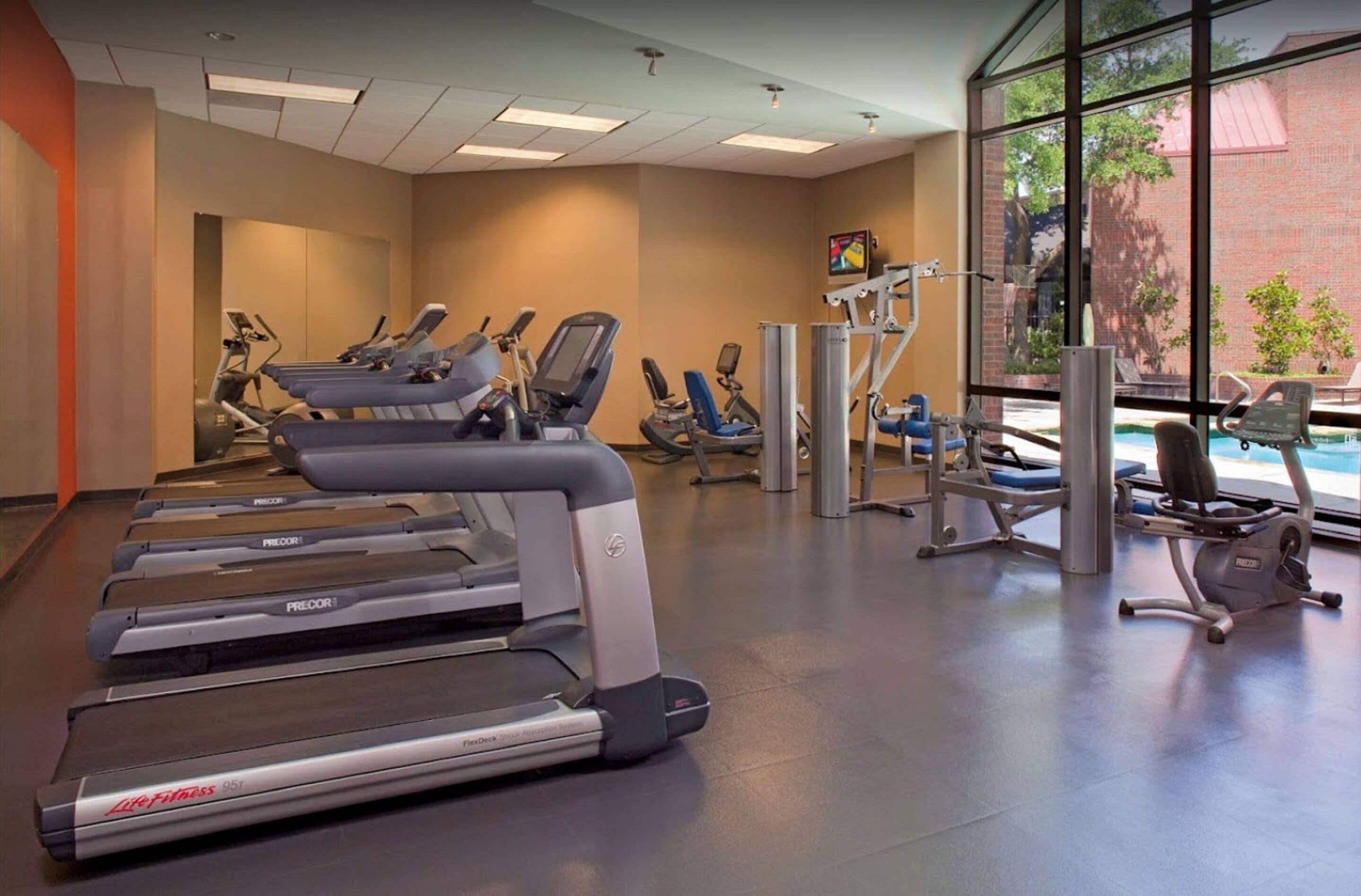 A gym with treadmills, elliptical machines, and a rowing machine.