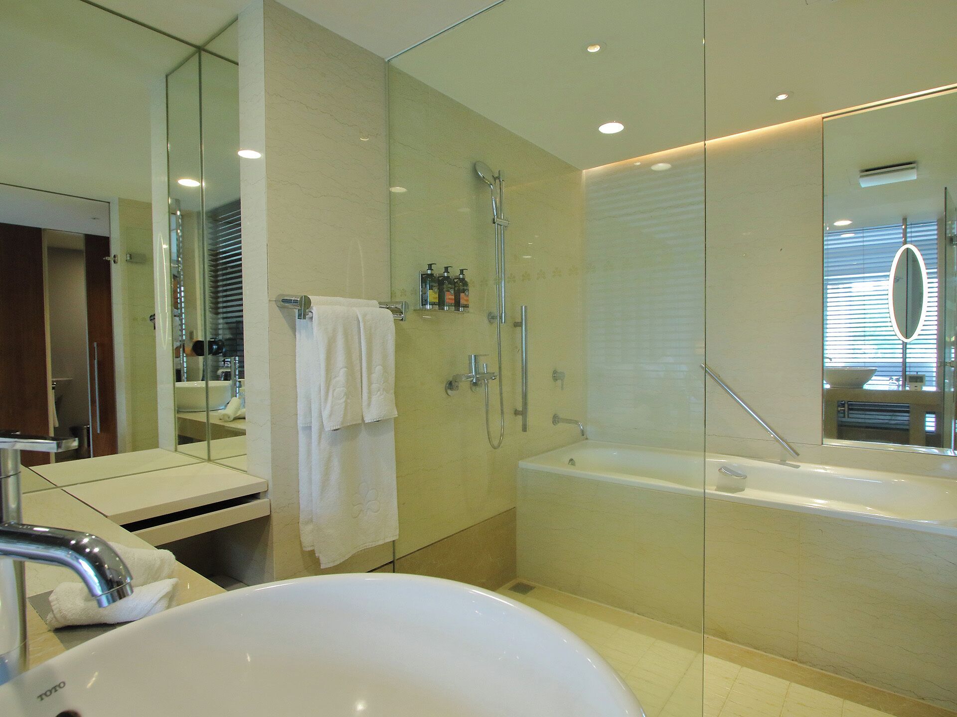 A modern bathroom with a large bathtub, a glass-enclosed shower, a vanity with a mirror, and a sink.