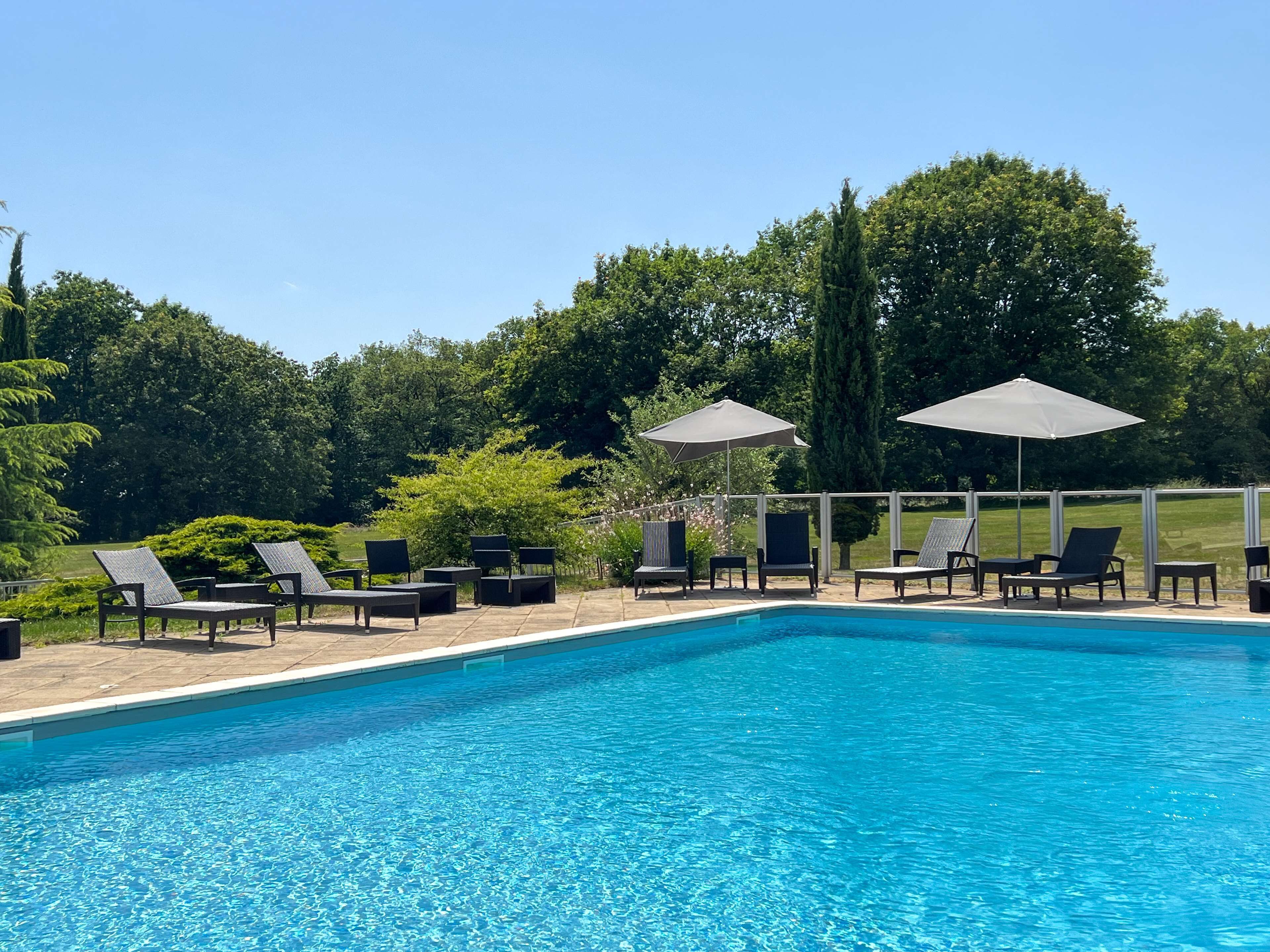 Une piscine entourée de verdure, avec des chaises longues et des parasols.
