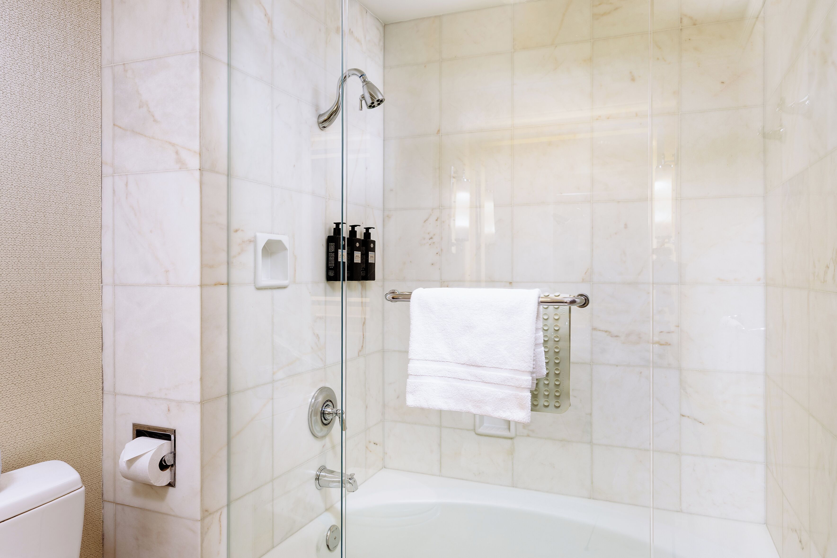 shower, free toiletries, hair dryer, towels