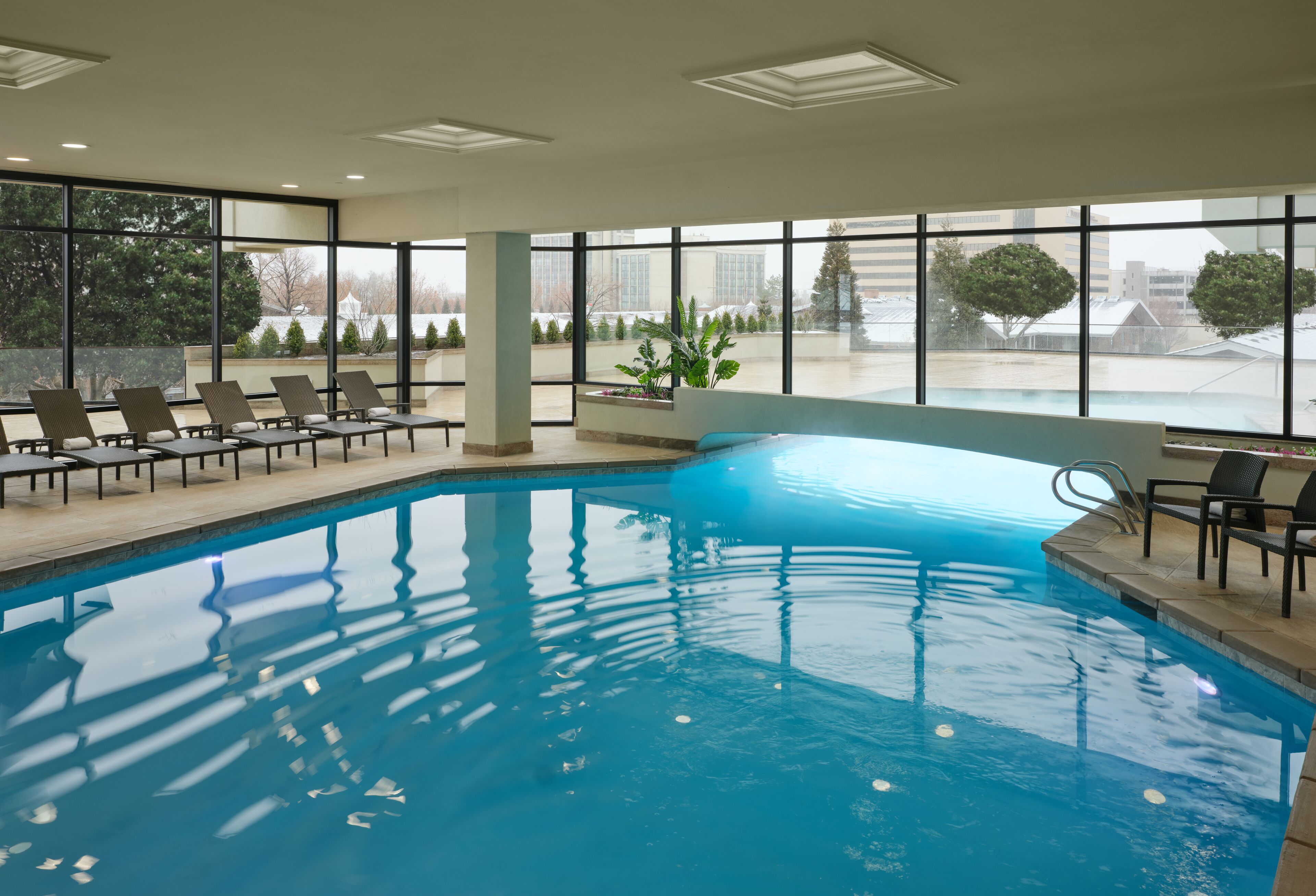 indoor pool, seasonal outdoor pool, pool loungers