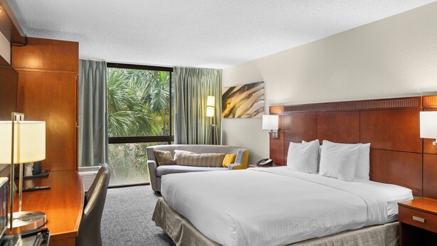 Una habitación de hotel con una cama grande, un escritorio, una silla, una lámpara y vistas a zonas verdes por la ventana.