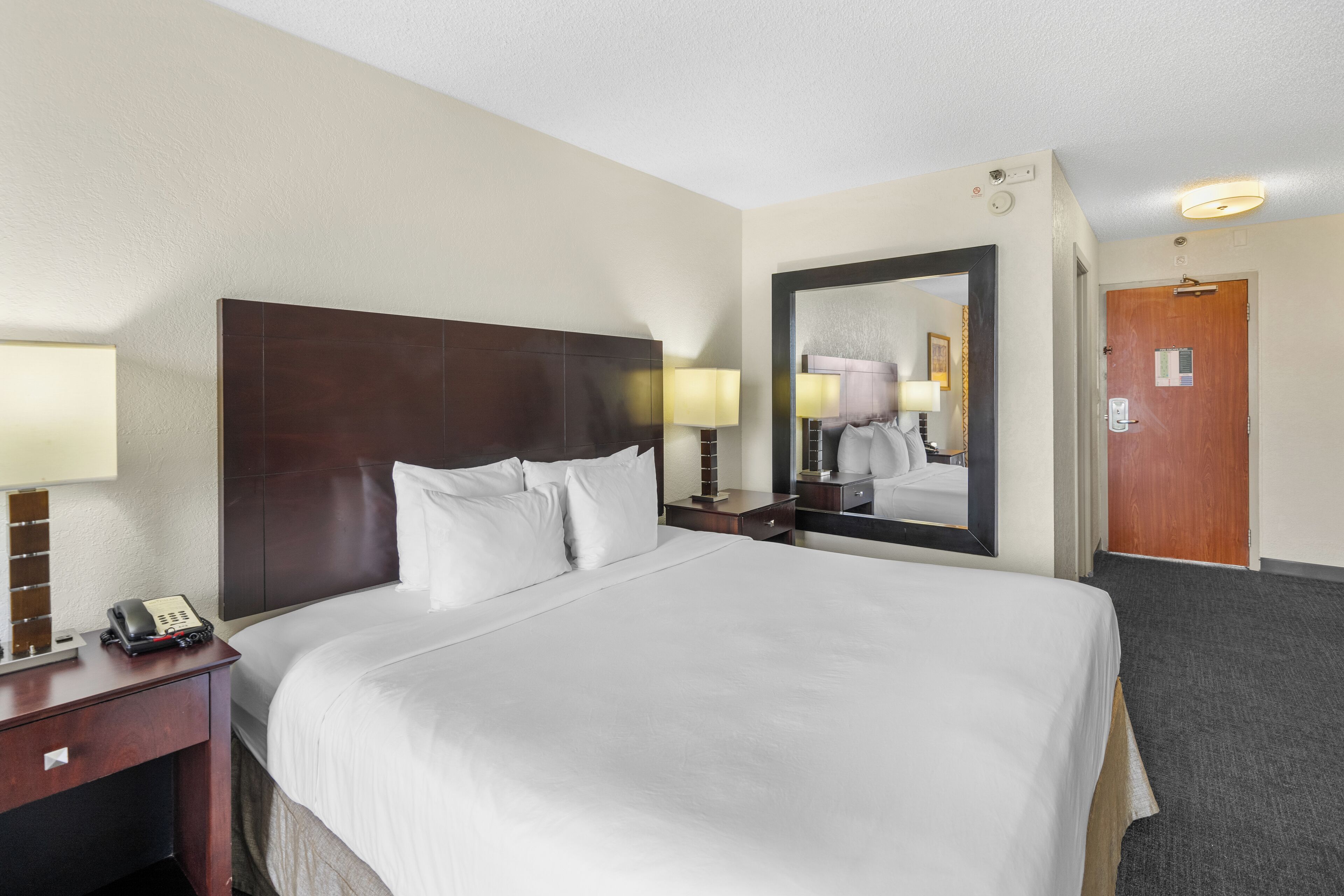 A hotel room with a large bed, a bedside table with a lamp, a mirror, and a door.