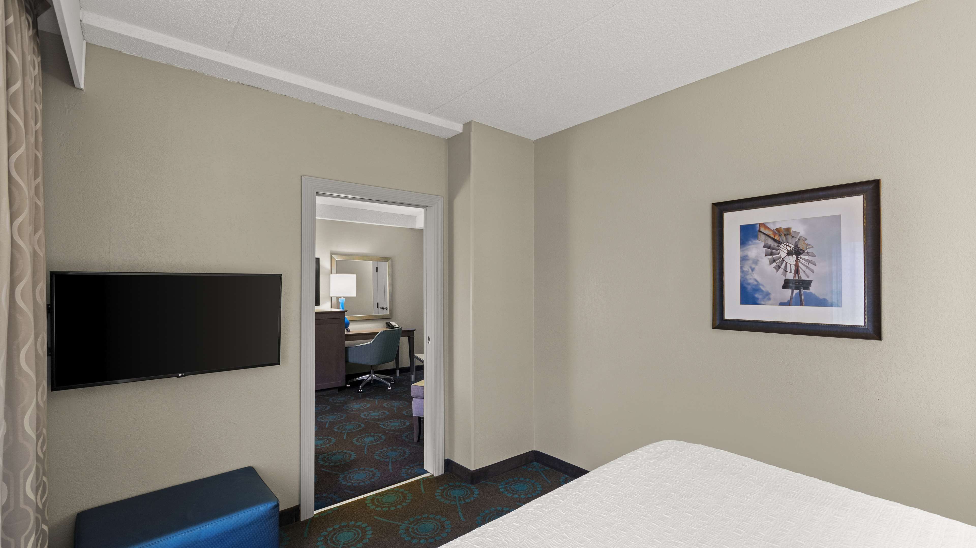 A hotel room with a bed, a TV, a desk with a chair, a framed picture on the wall, and a carpeted floor.