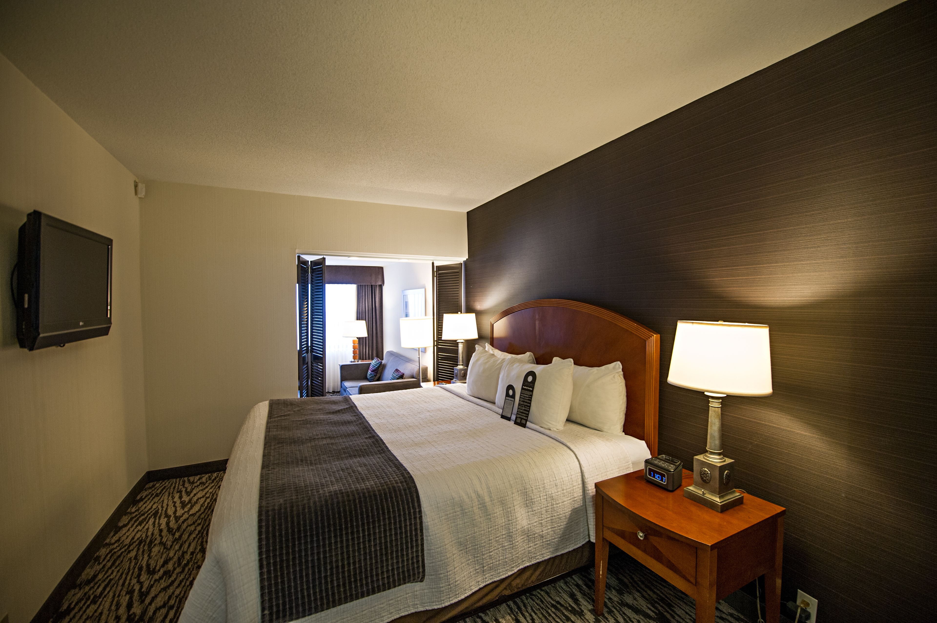 A hotel room with a large bed, a bedside table with a lamp, and a flat-screen TV mounted on the wall.