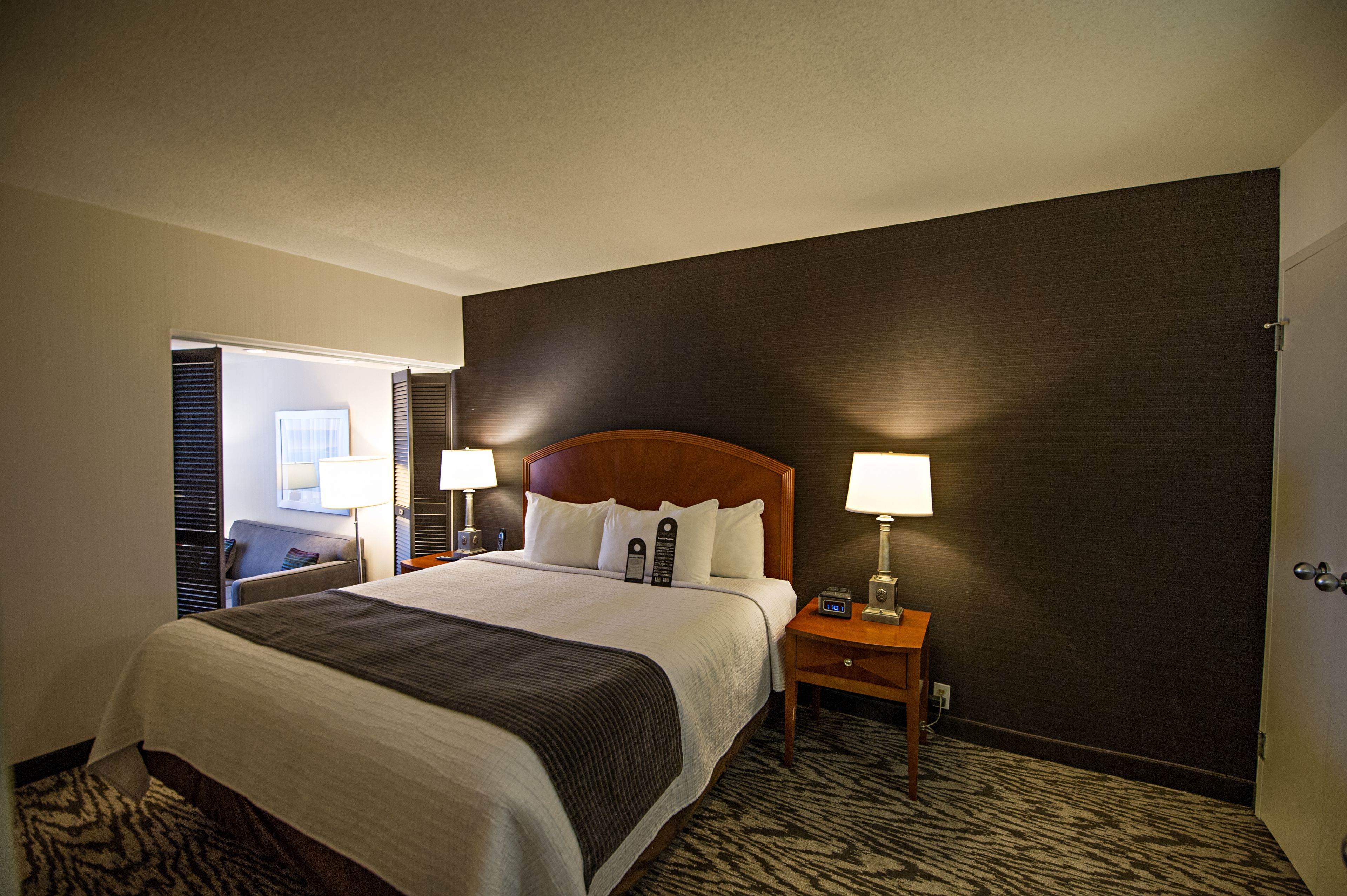 A hotel room with a large bed, two bedside lamps, a wooden headboard, a nightstand, and a patterned carpet.