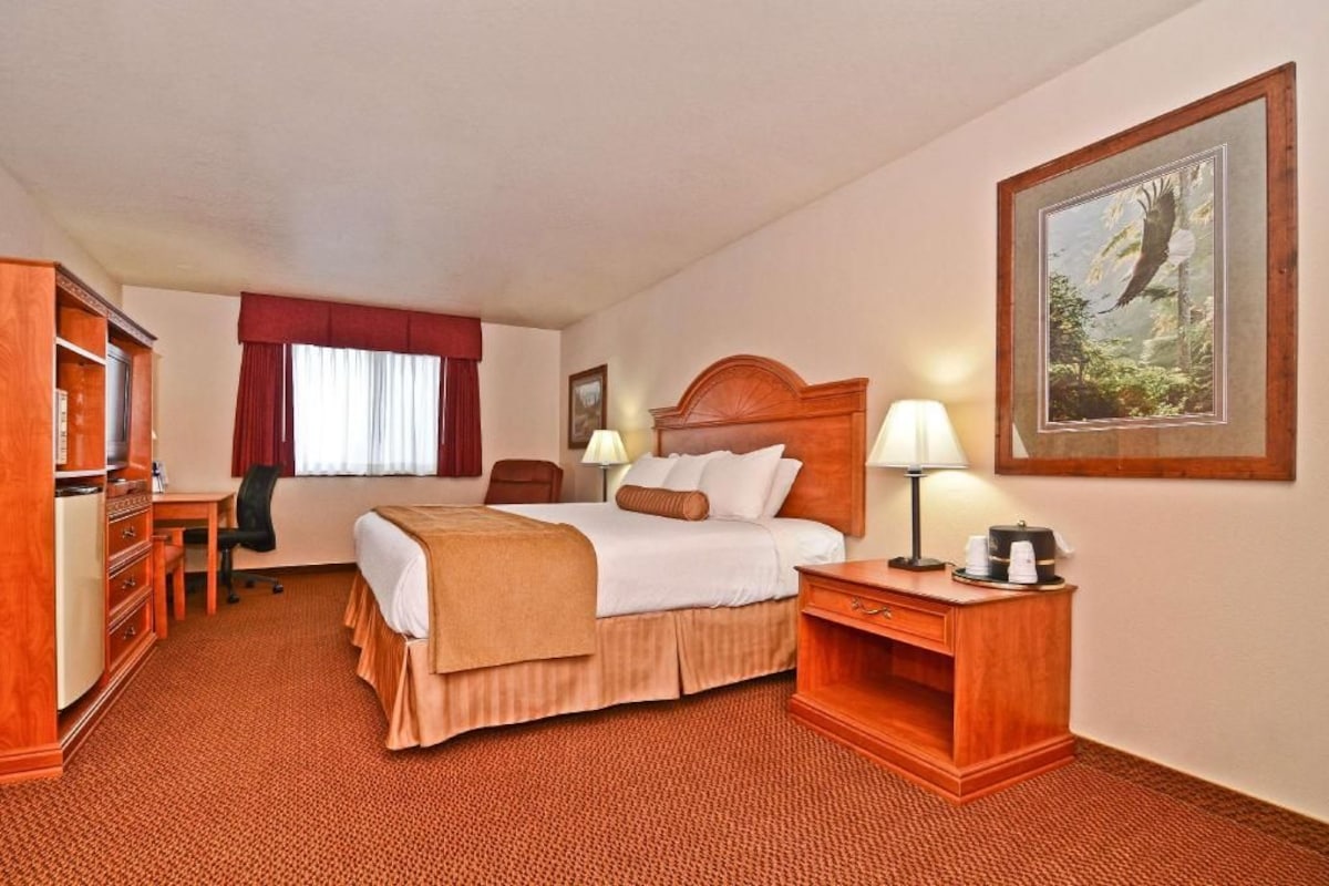 Una habitación de hotel con cama, escritorio, silla y un cuadro en la pared.