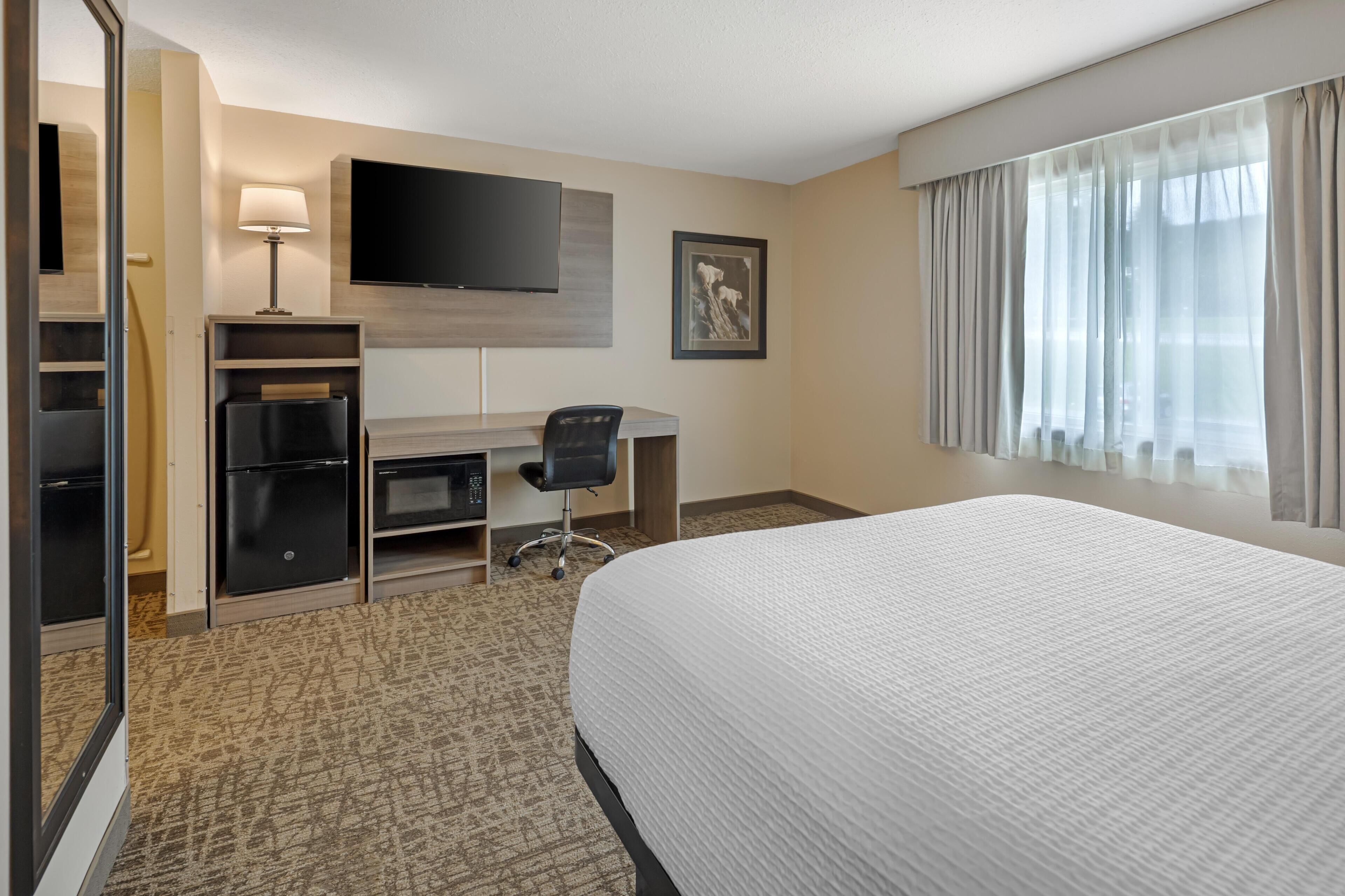 Ein Hotelzimmer mit einem Bett, einem Schreibtisch, einem Sessel, einem Fernseher, einer Mikrowelle und einem Kühlschrank.