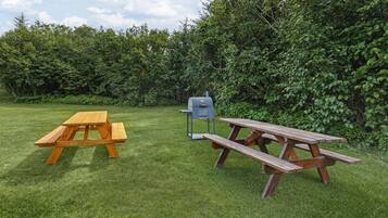 Zwei Picknicktische in einer grünen Wiese, im Hintergrund dichtes Grün.