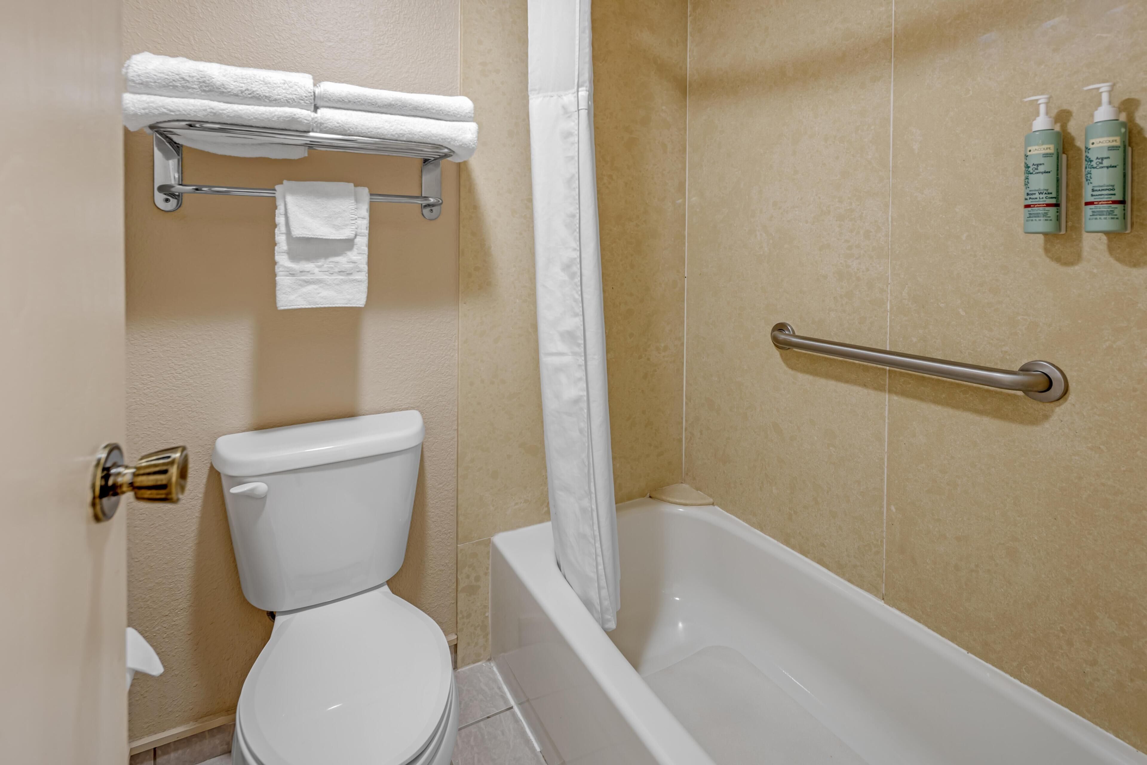 A bathroom with a toilet, a shower, and a bathtub. There are two bottles of shampoo on the wall.