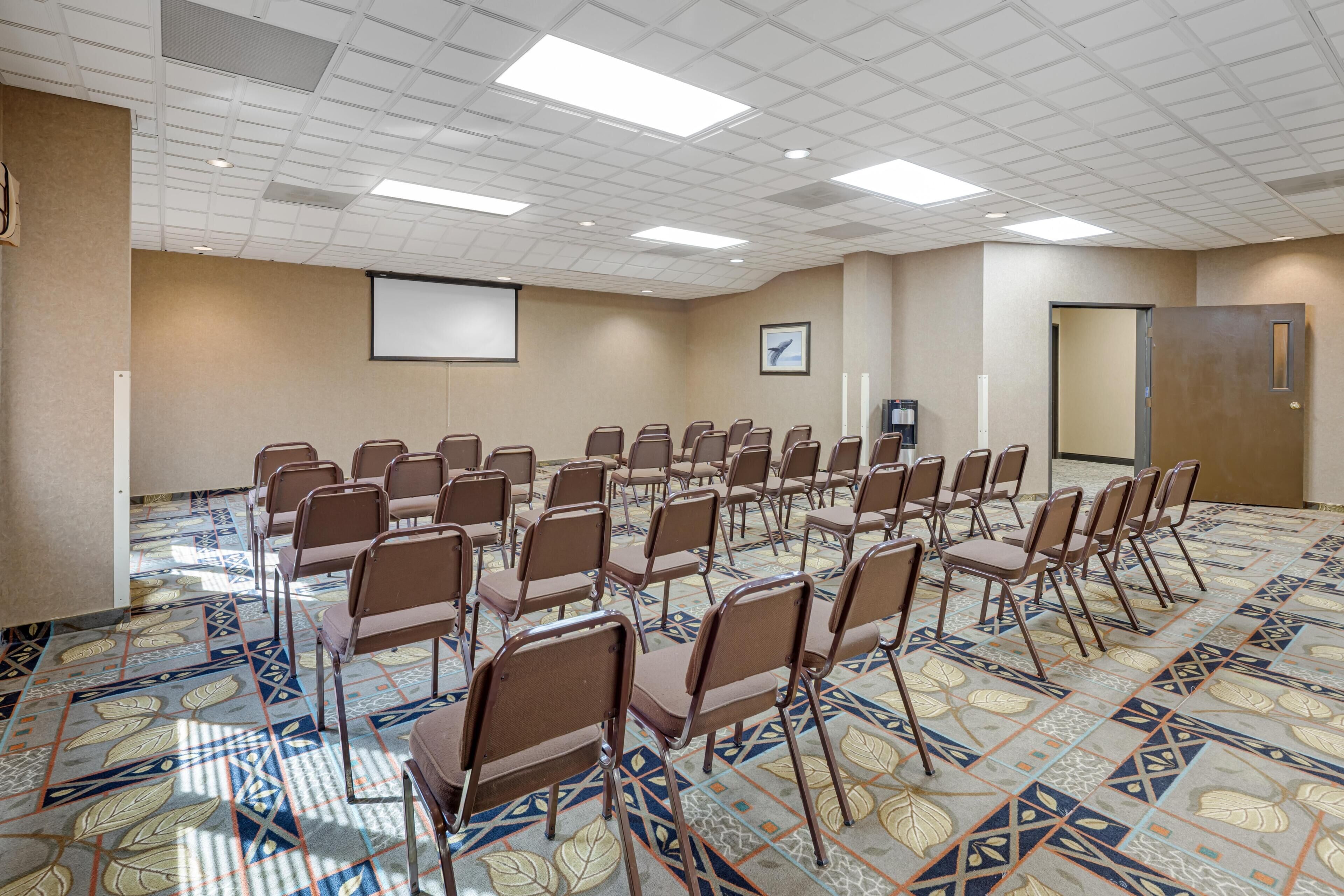 A conference room with rows of foldable chairs, a projector screen, and a patterned carpet.
