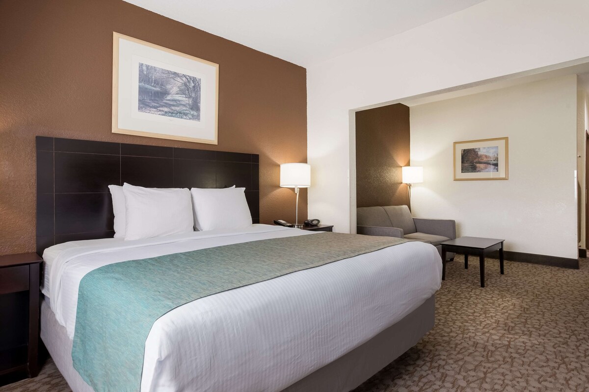A hotel room with a large bed, two bedside tables, a sofa, and a framed picture on the wall.