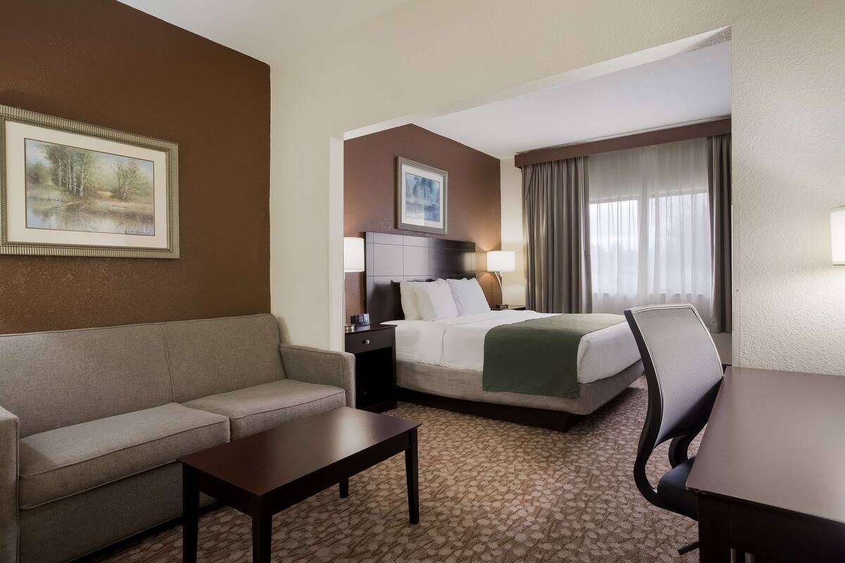Ein Hotelzimmer mit Bett, Sofa, Schreibtisch und Nachttisch.